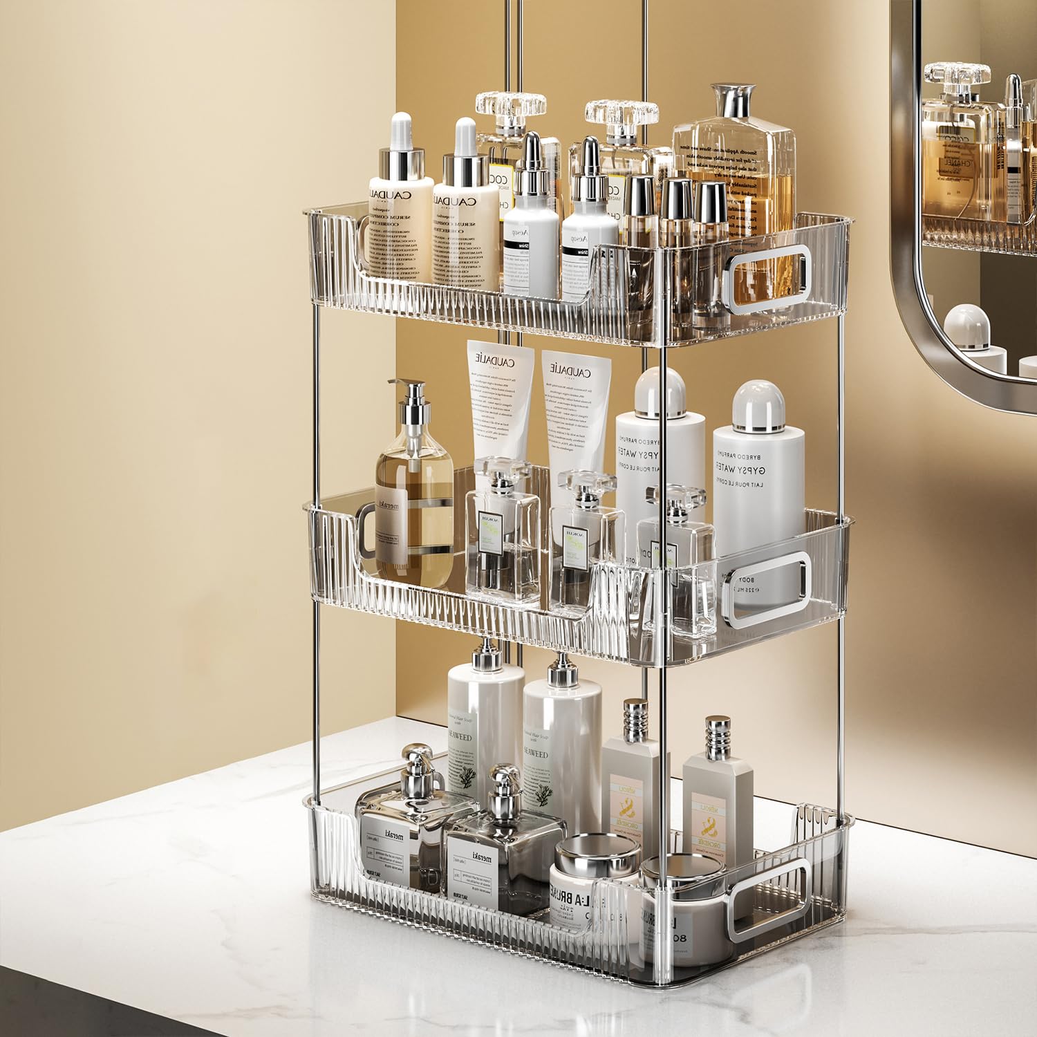 Clear Dressing Table Storage Box, Makeup Shelf, 3 Tiers Makeup Organizer to Store Skincare Products, Brushes, Eyeshadow, Lotion, Lipstick, Nail Polish and Jewelry (style 3)