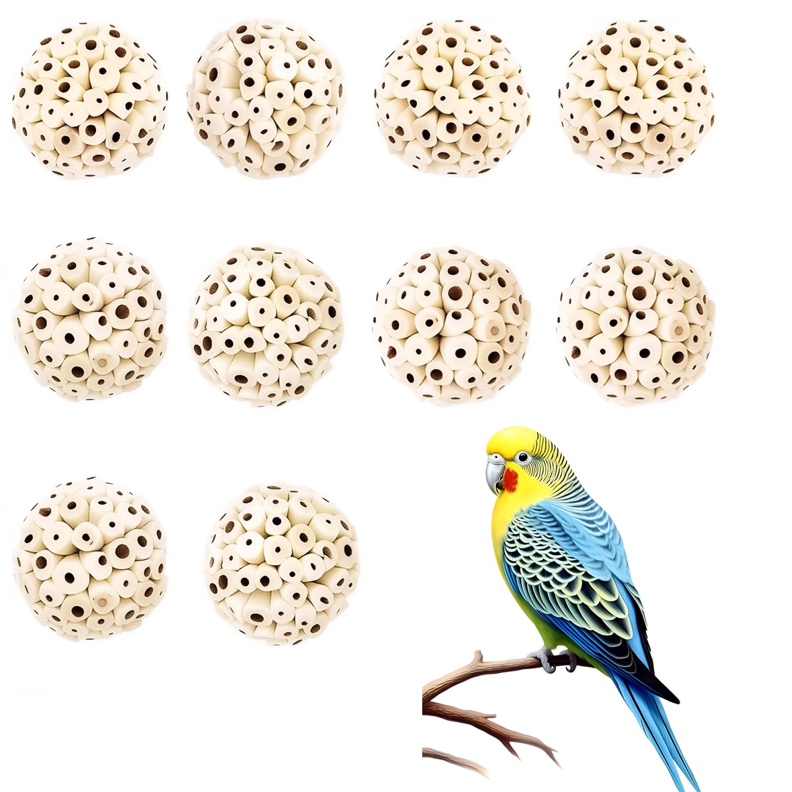 JNAWA 10Psc Natural Sola Ball Bird Toys Wood Chewable Balls Lightweight Shred Toy for Beaks Feet Care Parakeet Cockatiel Budgie and Small Pets