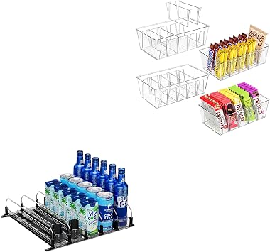 Puricon 4 Pack Pantry Organization and Storage Bins for Kitchen Fridge Countertop Cabinet Bundle with Drink Organizer for Fridge Pusher Glide