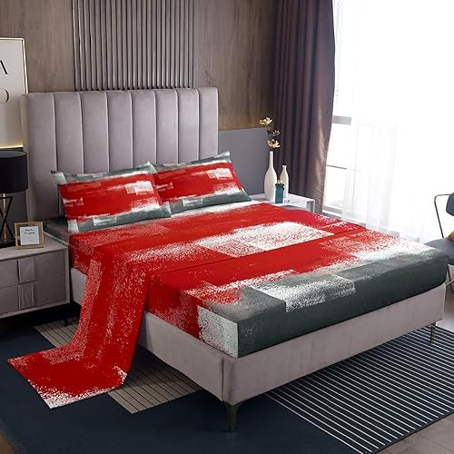 Juego de sábanas de teñido anudado abstracto retro, rojo, negro, blanco, gris, para niños y adultos, juegos de ropa de cama de acuarela grunge
