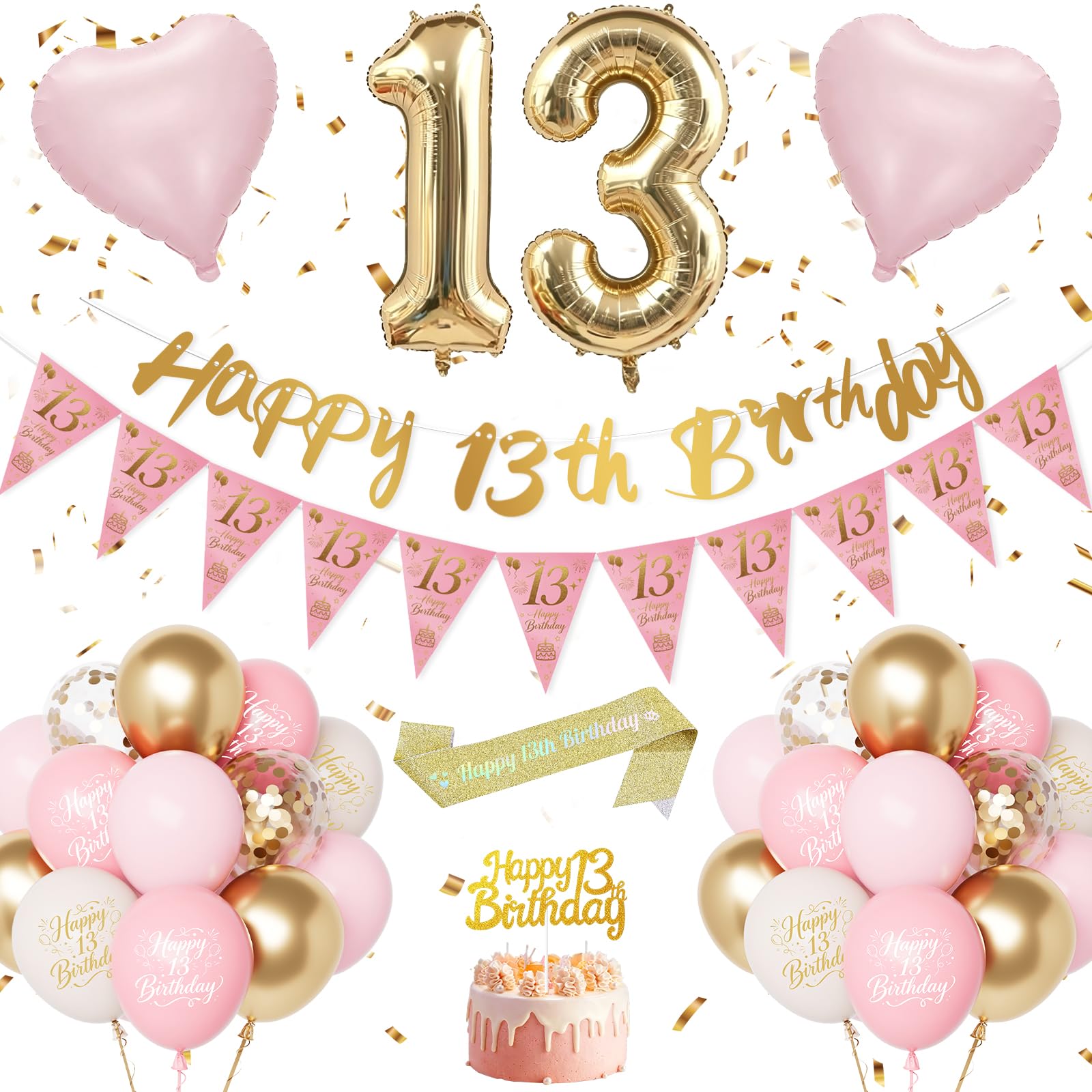 13th Birthday Decoration for Girls, Happy 13th Birthday Balloon Pink Gold