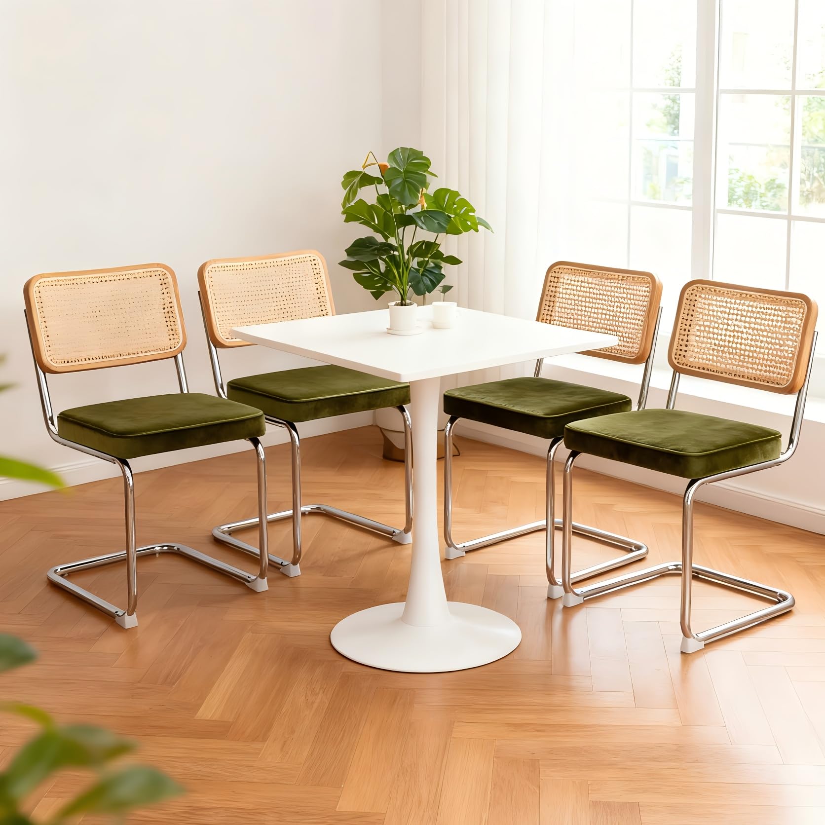 Sillas de Comedor de Terciopelo y Ratán, Salón y Cocina, Verde, Pack de 4