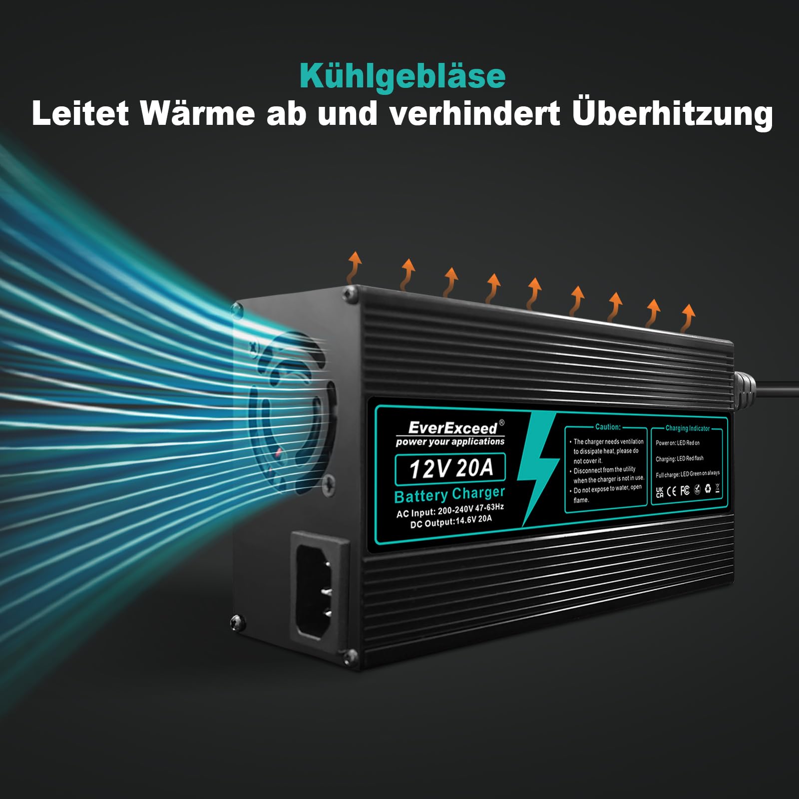 EverExceed Lithium Ladegerät 12V 20A 14,6V Ladegerät Lifepo4 AC-DC, Batterieladegerät Lifepo4 20A für Lifepo4 Lithium Deep Cycle Batterie von Auto Marine RV