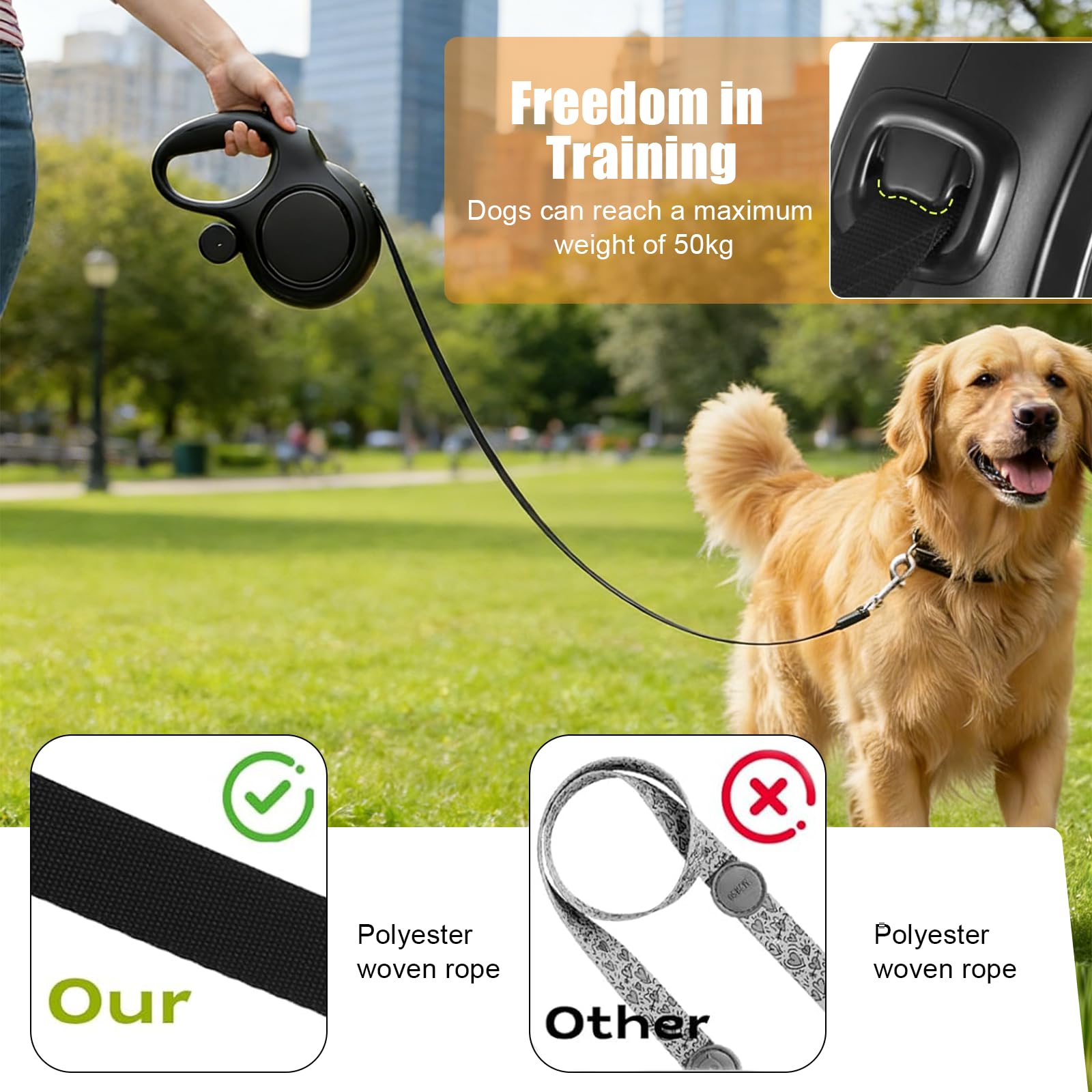 Laisse Chien Enrouleur 8m avec Bouton Stop, pour Chiens jusqu'à 50kg, pour Gros Chiens Chat, Système de Freinage, Poignée Anti-Dérapante et Anneau Anti-Enroulement, Laisse Rétractable