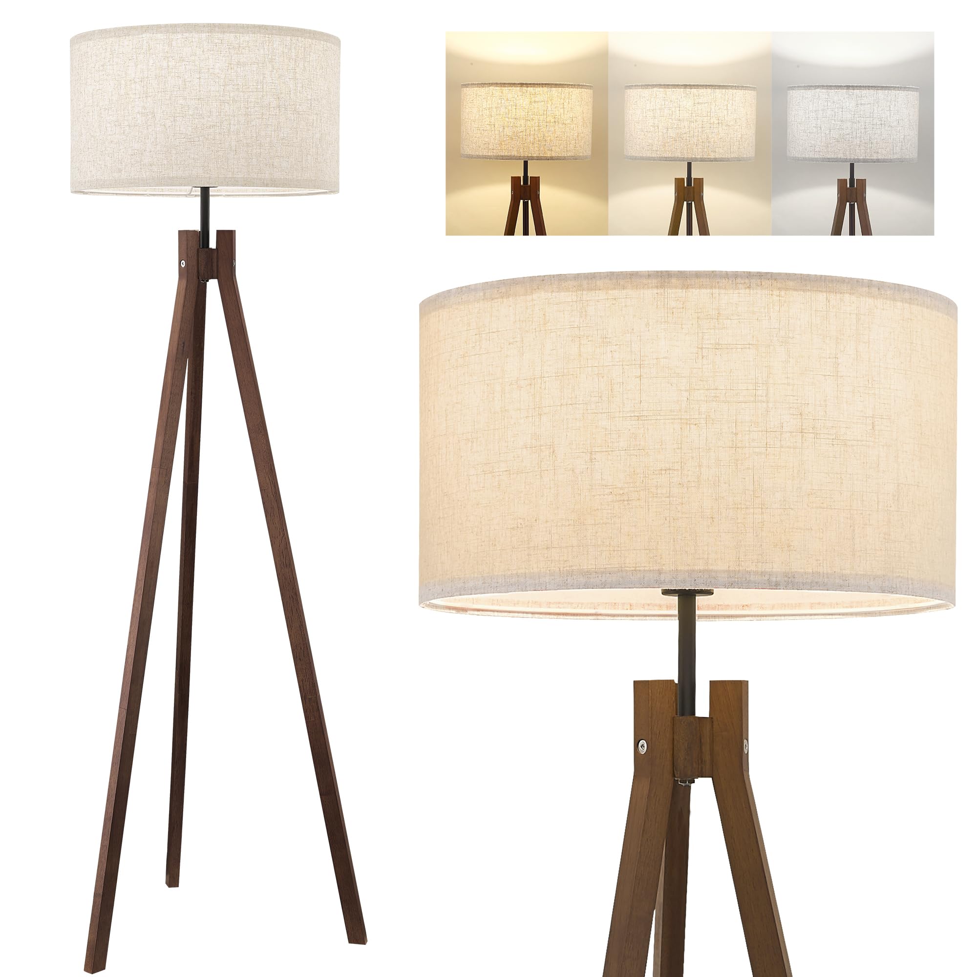 Mid-Century Wood Tripod Floor Lamp with Linen Shade