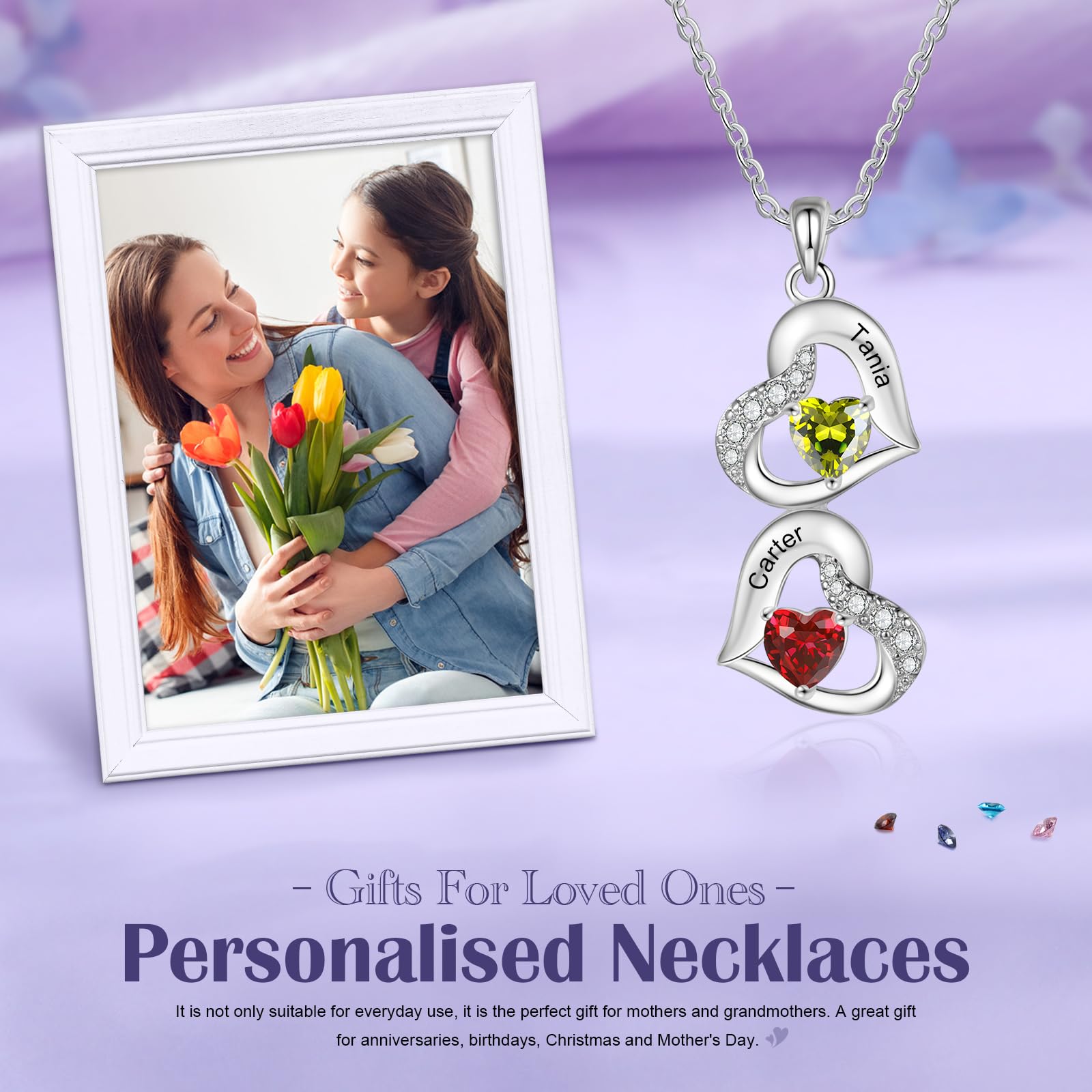 Collar personalizado con nombre de piedra natal para madre e hija, con colgante de corazón para mujer, regalo para madre