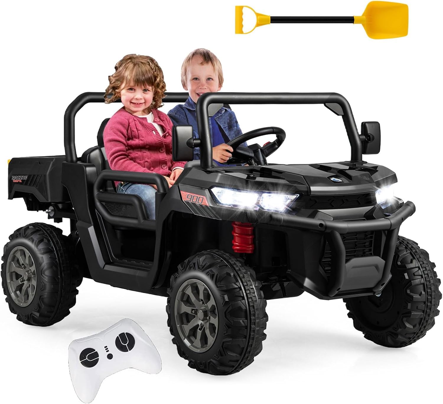 GOPLUS Voiture Electrique Enfants 2 Place avec Télécommande 2,4G, Tracteur Electrique Enfants 12V avec Démarrage Lent Musiques Intégrées, Charge 50KG 3-8 Ans (Noir)
