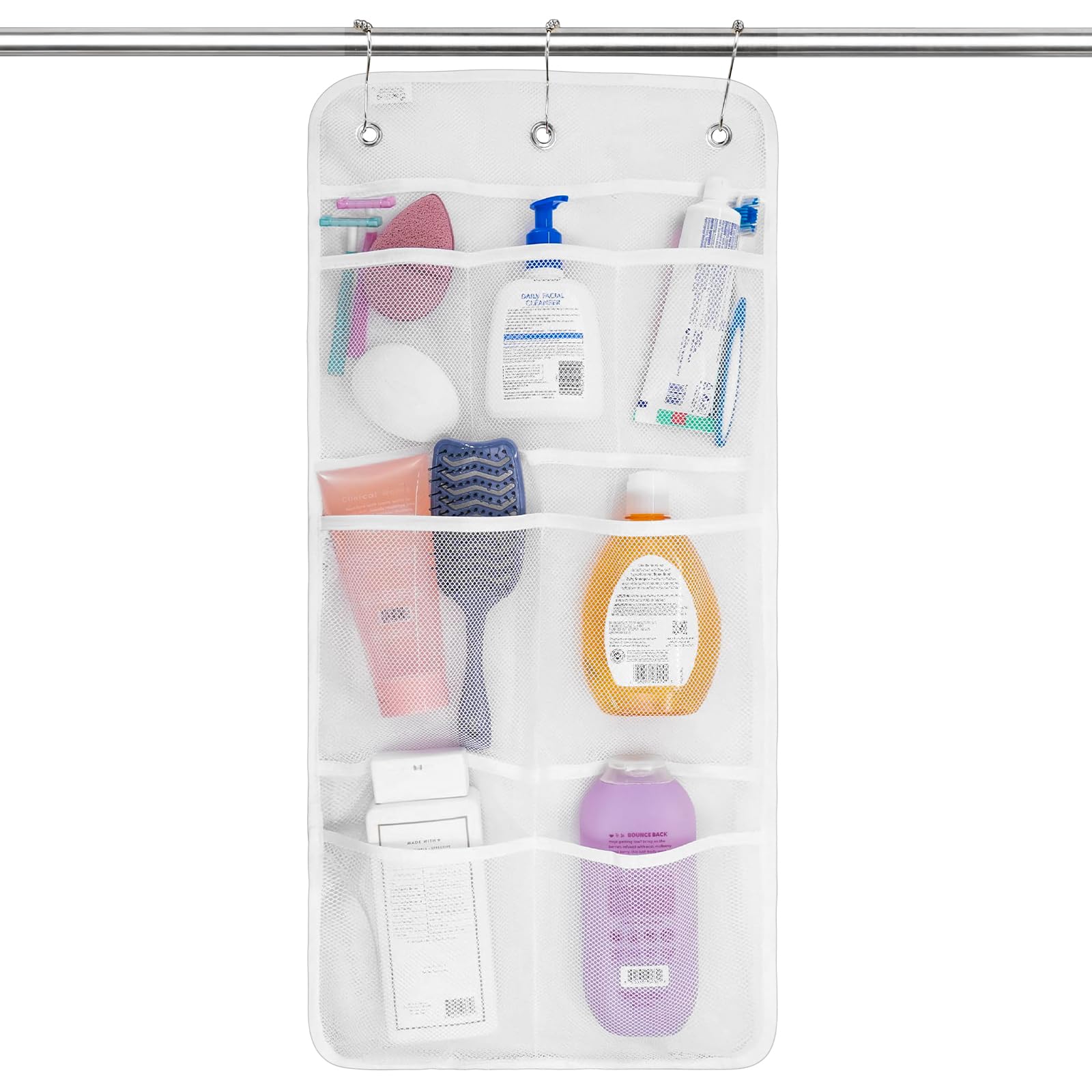 7 Pockets Hanging Mesh Shower Caddy with 3 Metal Hooks Quick Drying Mesh Shower Organizer Portable Space Saving