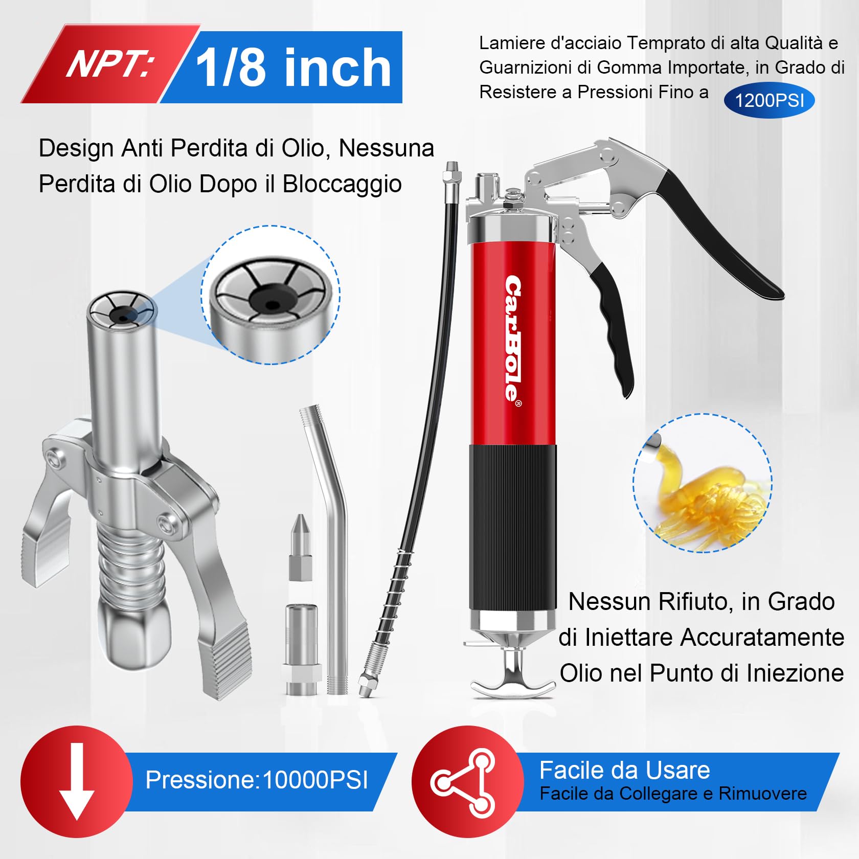 CarBole Ingrassatore 8000PSI con G Grasso Pistola Accoppiatore,Pistole per Grasso,con 3 Tubi Flessibili e Tubo di Prolunga in Metallo,Quattro Tipi di Ugelli,Compatibile con Cartuccia da 400cc