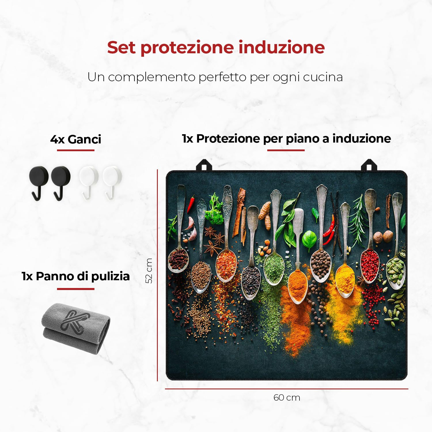 Copri Piano Cottura Induzione Cucchiai per erbe e spezie - 60x52 cm - Cucina Coprifornelli Protezione - Tappetino Protettivo per Induzione - Pannello Paraschizzi Cucina