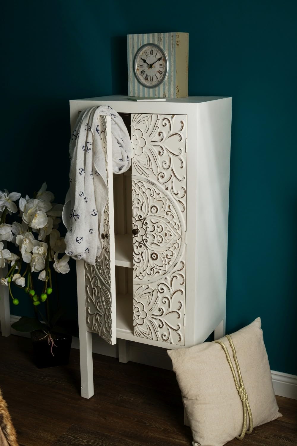 Schrank Felicitas FSC-Zertifiziert H:127 cm B:53cm T:39cm | Kommode mit 2 Türen | Regalschrank für Büro, Flur & Wohnzimmer | nachhaltiges Holz, vielseitig, modernes Shabby Chic Design