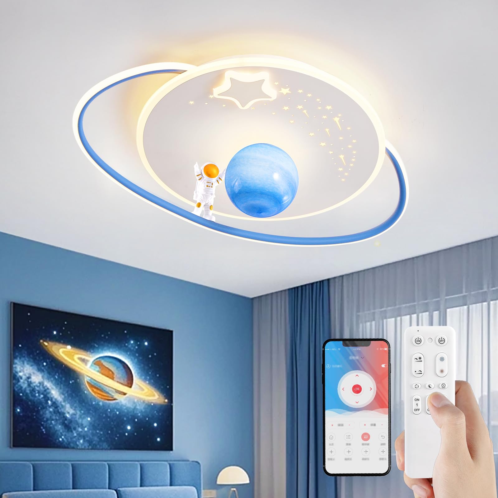 RRBEST LED Plafoniera Dimmerabile Bambini, Lampada da Soffitto con Telecomando, Lampada Soffitto Camera da Letto Astronauta, Lampada da Creativa per Bambino Ragazzi, 3000-6000K, Ø50CM