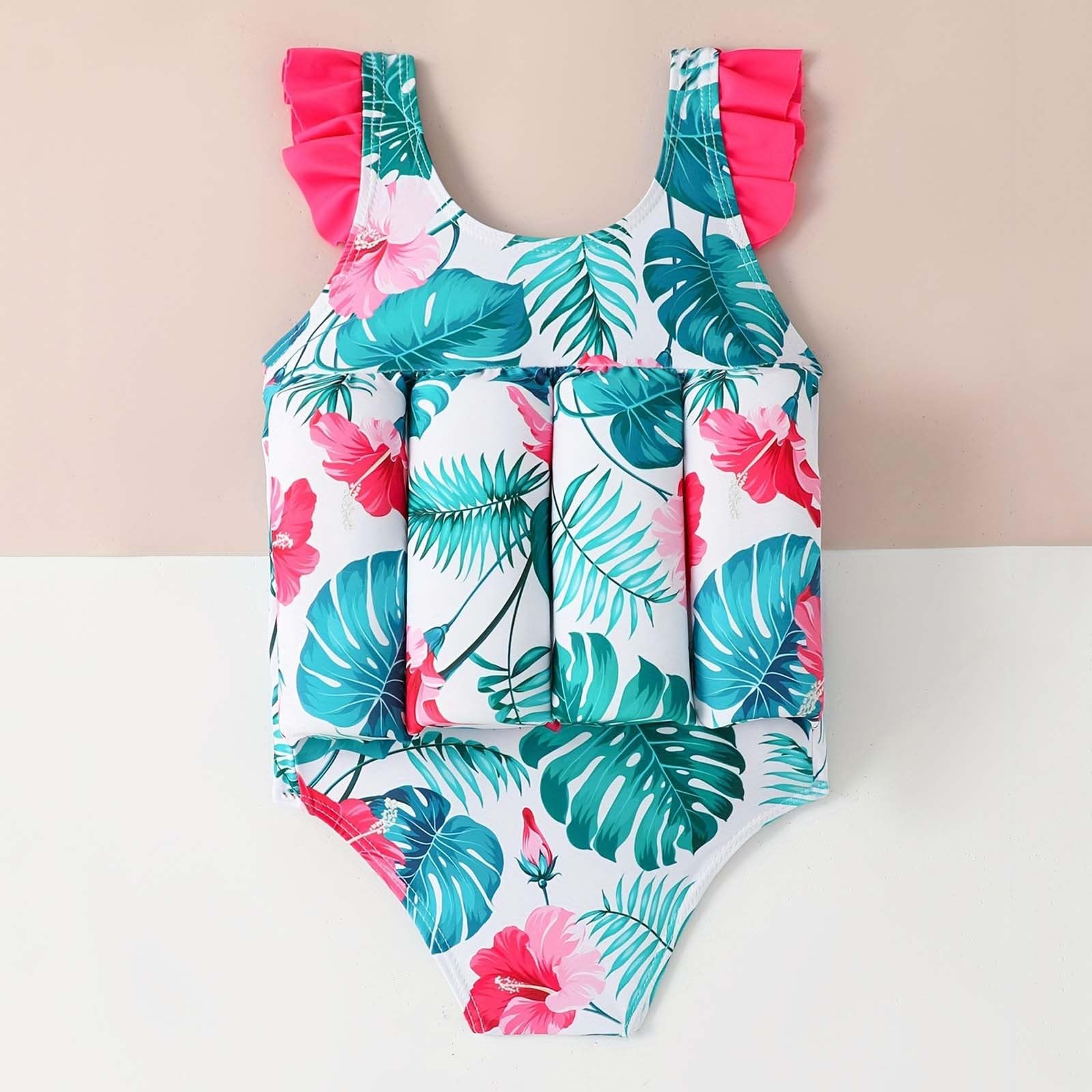 Générique Maillot de Bain Flottant Enfant Fille Imprimé à Manches Courtes Costume de Bain Piscine Plage Maillot Flottante Bouée Intégré avec des Bâtons de Flottabilité pour Natation Débutant Training