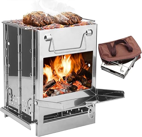 Estufa de camping de leña con parrilla, estufa plegable portátil de acero inoxidable con asa, bolsa de transporte y 2 pernos para senderismo,