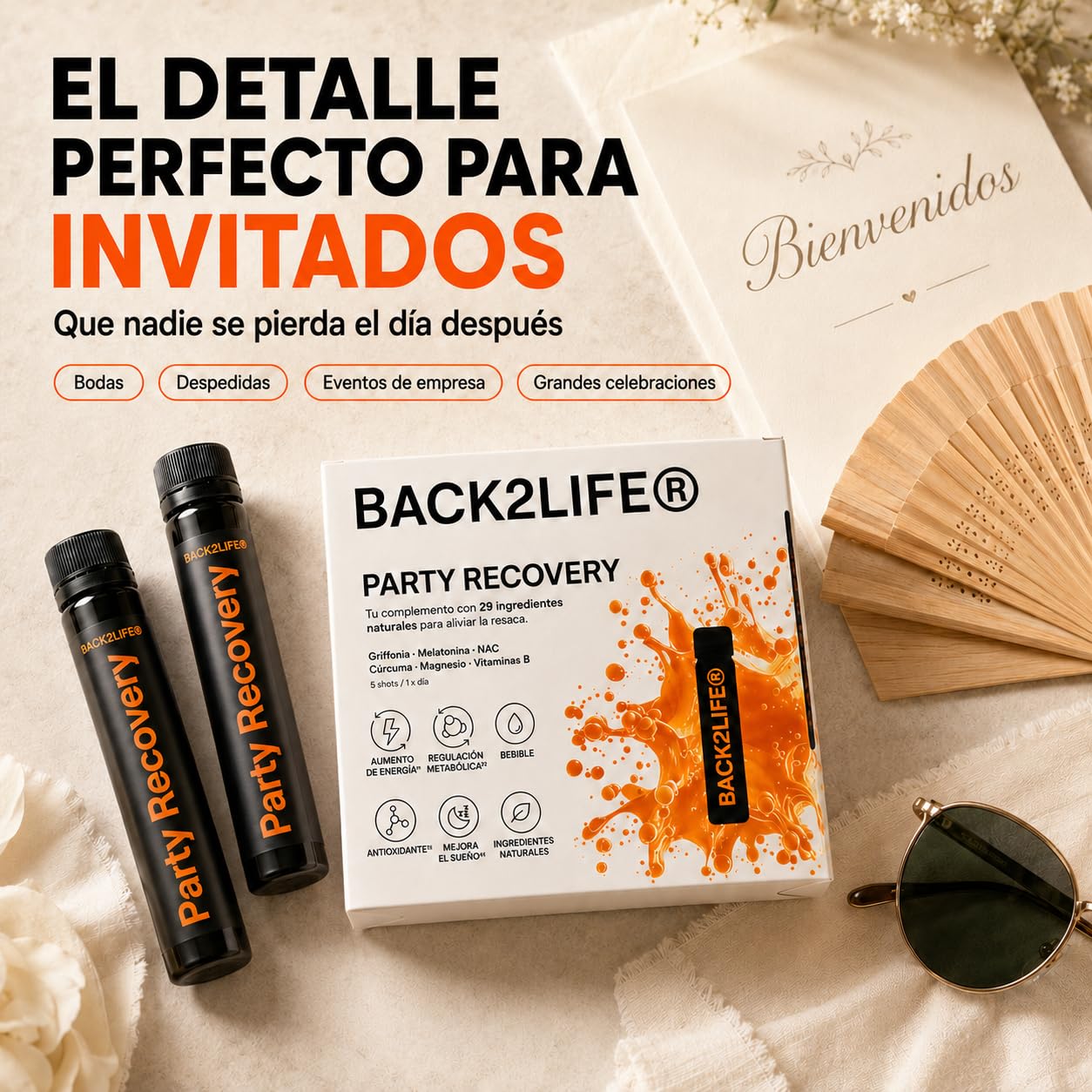 Complemento Stop Resaca Bebible | Vitamina C + Zinc + Taurina + Melatonina + Magnesio Bisglicinato | Anti Resaca 29 Activos Naturales | Kit 5 Shots | Alta Absorción - Party Recovery by BACK2LIFE | Bebible, con Vitamina C, Zinc, Taurina, Melatonina y Magne