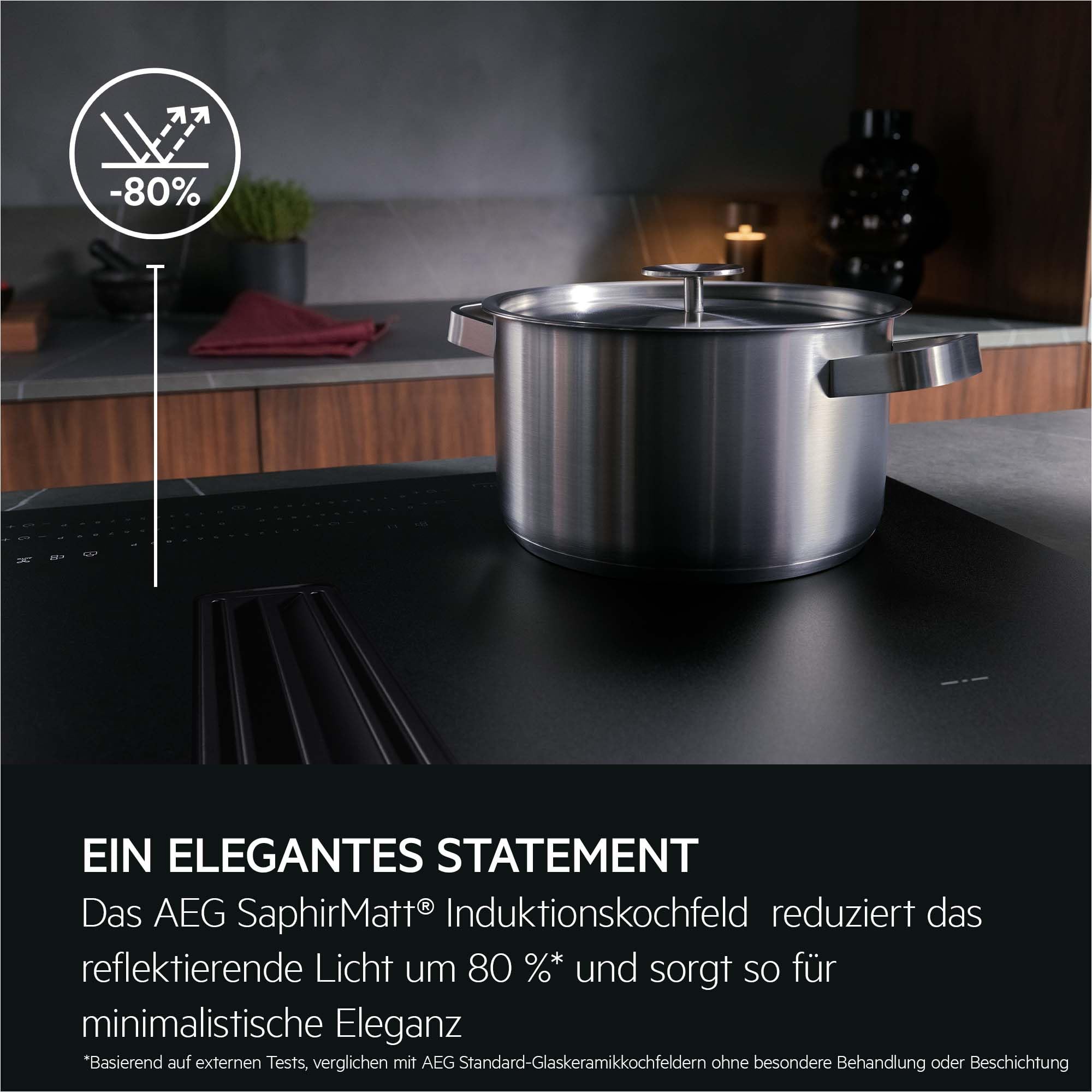 AEG Induktionskochfeld 80cm mit Integriertem Dunstabzug, Testsieger StiWa und ETM, Made in Germany, SaphirMatt Oberfläche 10x Kratzresistenter, Spülmaschinenfeste Fett-, Aktivkohlefilter, TH84CB0BSZ