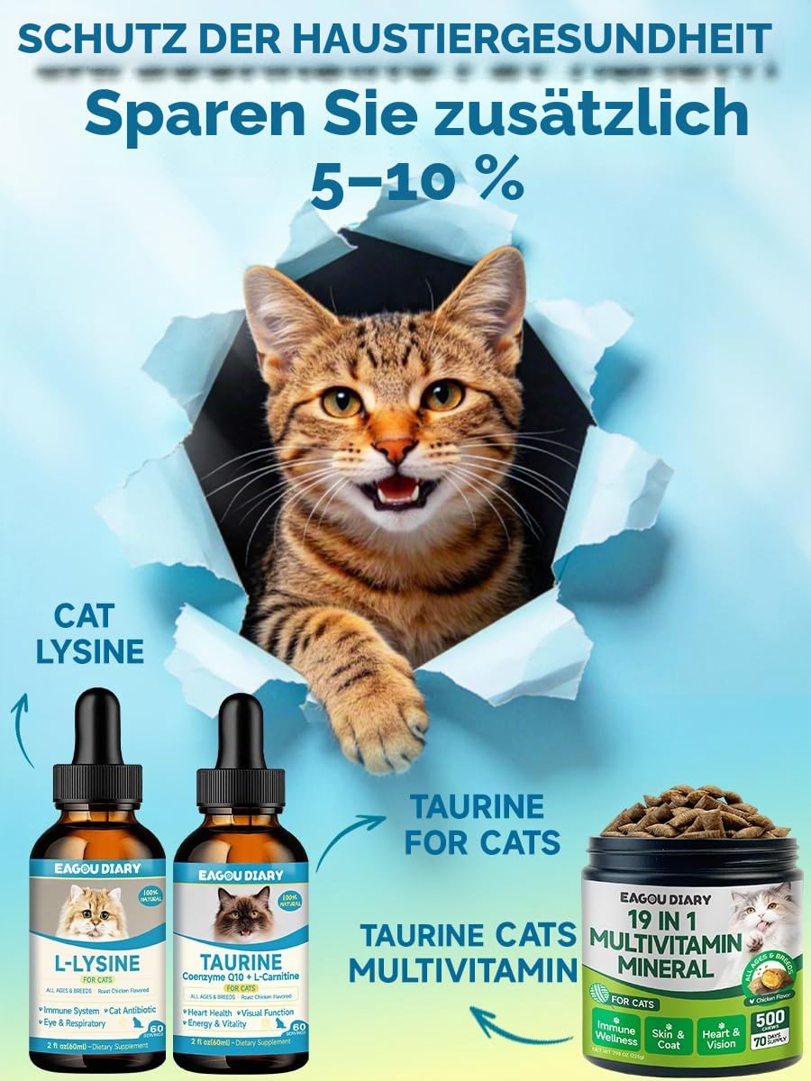 Taurin für Katzen Tropfen - Taurin Ergänzungsmittel für Katzen Unterstützt Felina Herz & Immunfunktion, Sehkraft, Energie & Vitalität L-Carnitin, L-Carnitin, Coenzym Q10, Omega3, L-Arginin, Vitamin | L-Carnitin, L-Arginin, Coenzym Q10, Vitamin, Taurin-Flü