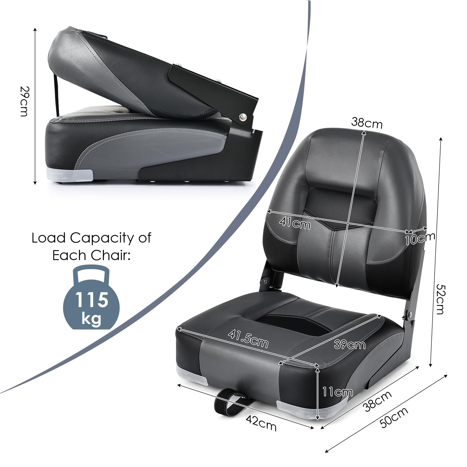 KOMFOTTEU Siège de bateau 2 pièces, Accessoires pour bateaux avec dossier rabattable, Chaise de bateau ergonomique en PVC et PP, Capacité de charge jusqu'à 110 kg, 50x52x42 cm (Noir)