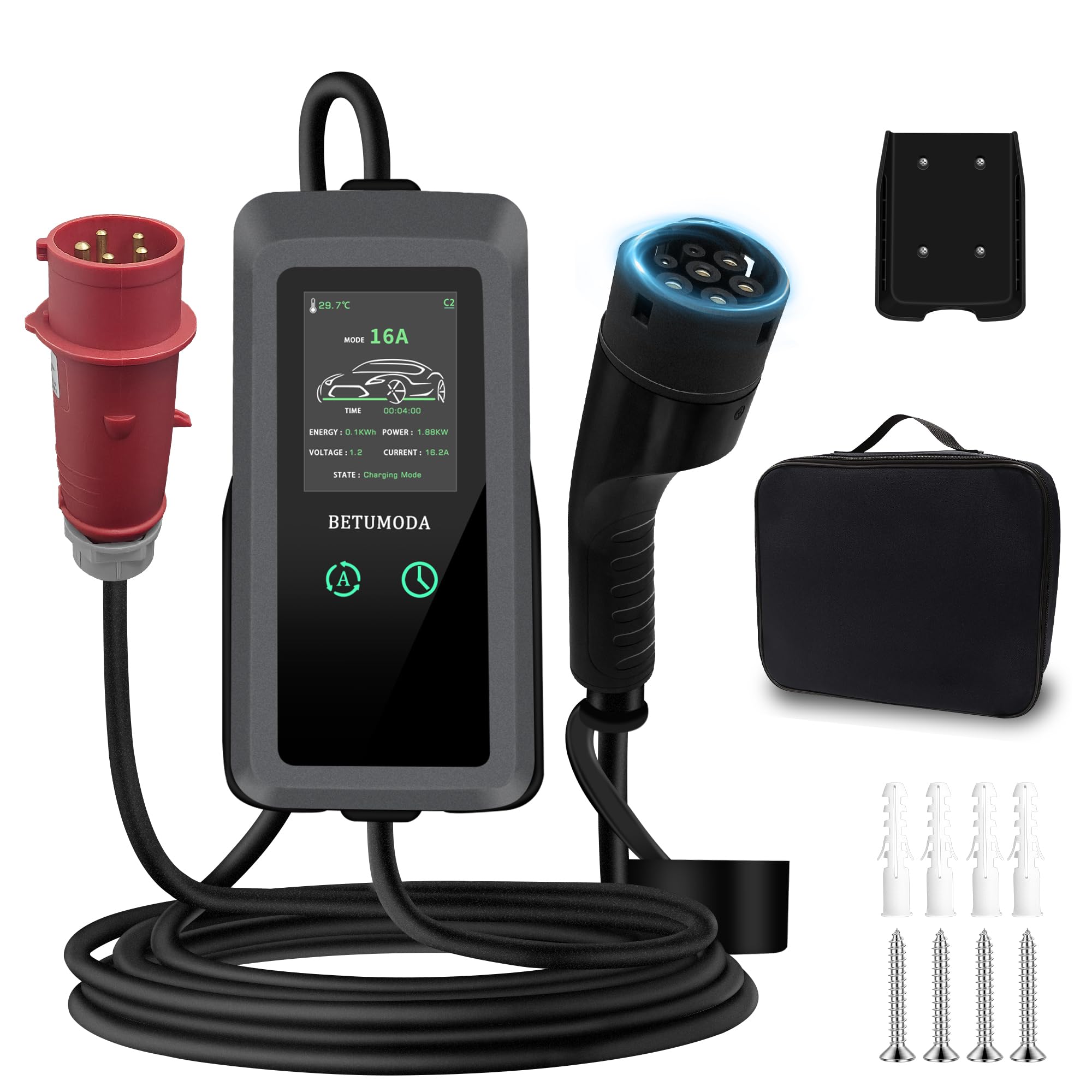 BETUMODA Mobile Wallbox 11 kW Caricatore Tipo 2 con Spina CEE 16A, Cavo di Ricarica 3 Fasi, Potenza di Ricarica Regolabile 8-16A, Impermeabile IP65, per Tutte Le Auto elettriche e PHEV