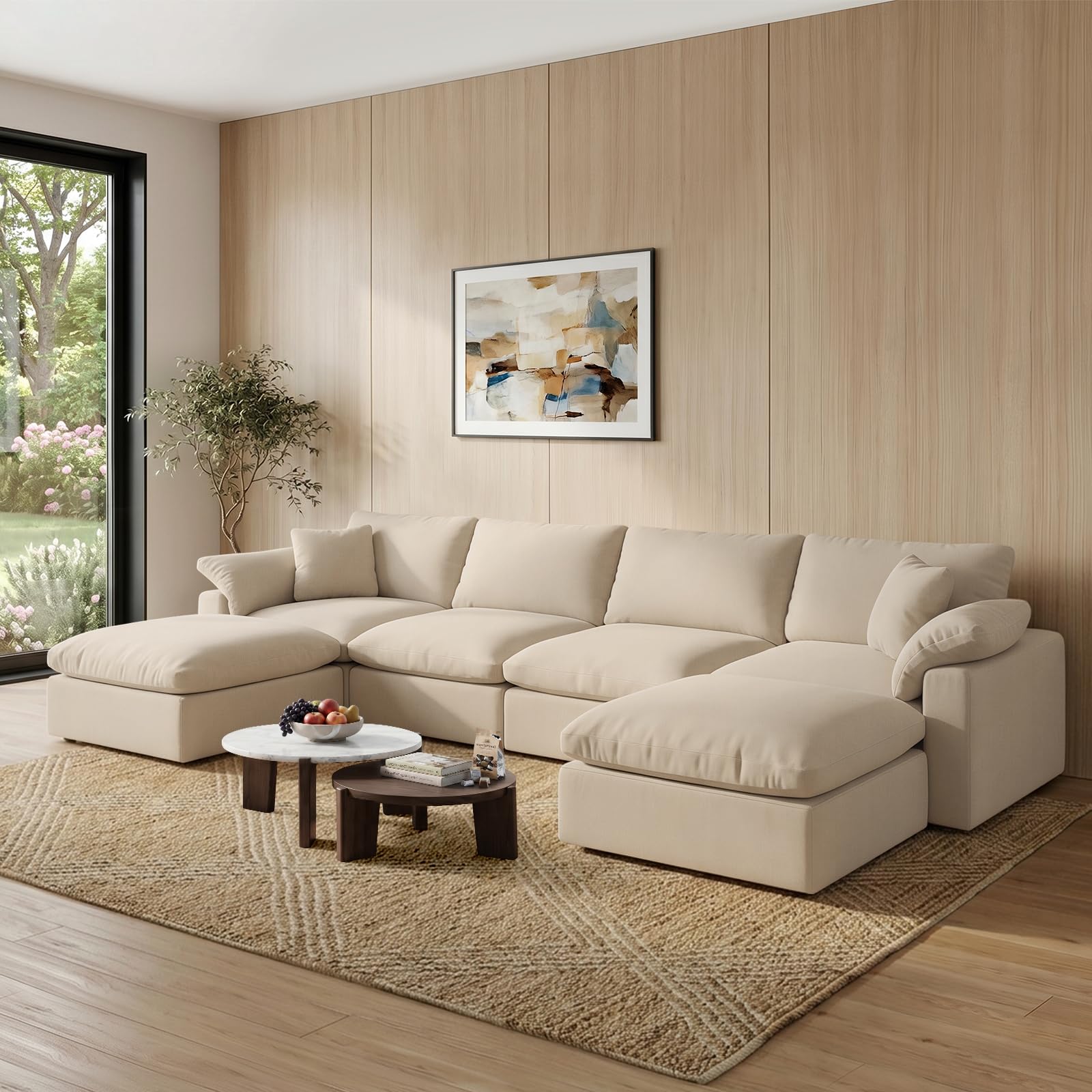 Modern Modular Sectional Sofa U-Shaped 6-Seat with Ottoman,Khaki-Extra Comfty Deep Seat Couch for Living Room,Apartment,Office &amp; Small Spaces