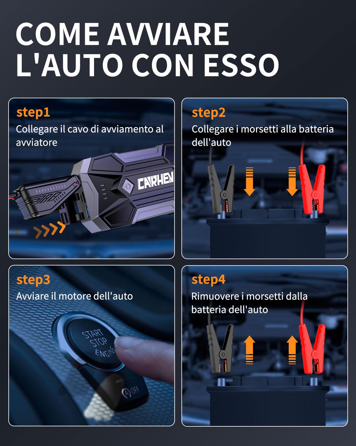 CARHEV Avviatore Batteria Auto 4500A, 12V Avviatore Emergenza per Auto (fino a 8.0L Benzina o 8.0L Diesel), Booster Avviamento Autos con Torcia a LED, Starter Batteria con USB Quick Charge 3.0