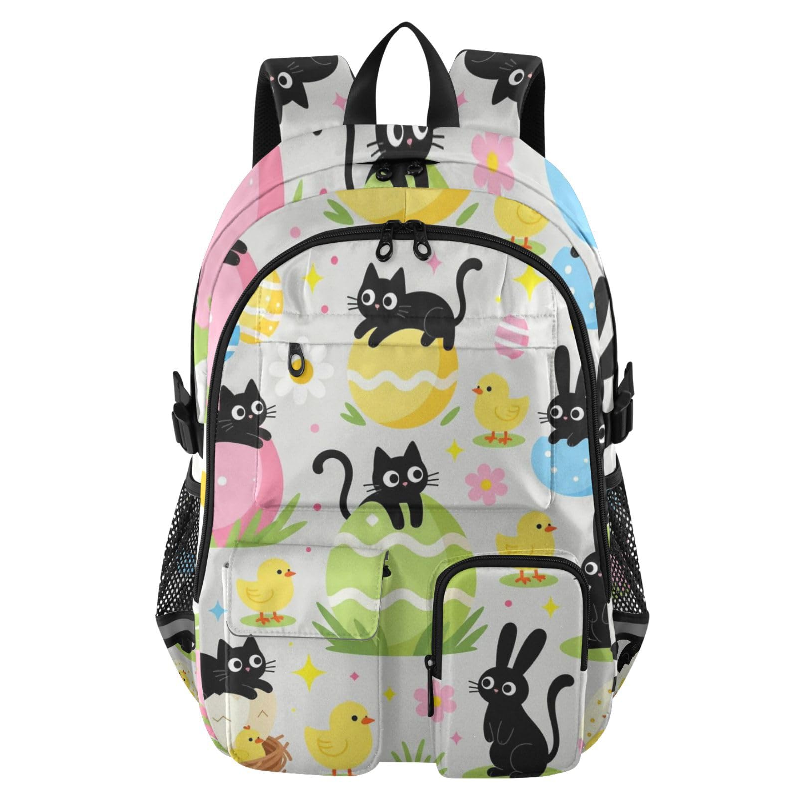 Duży plecak podróżny czarny kot z jajkami królika Happy Easter Work College School Bookbag