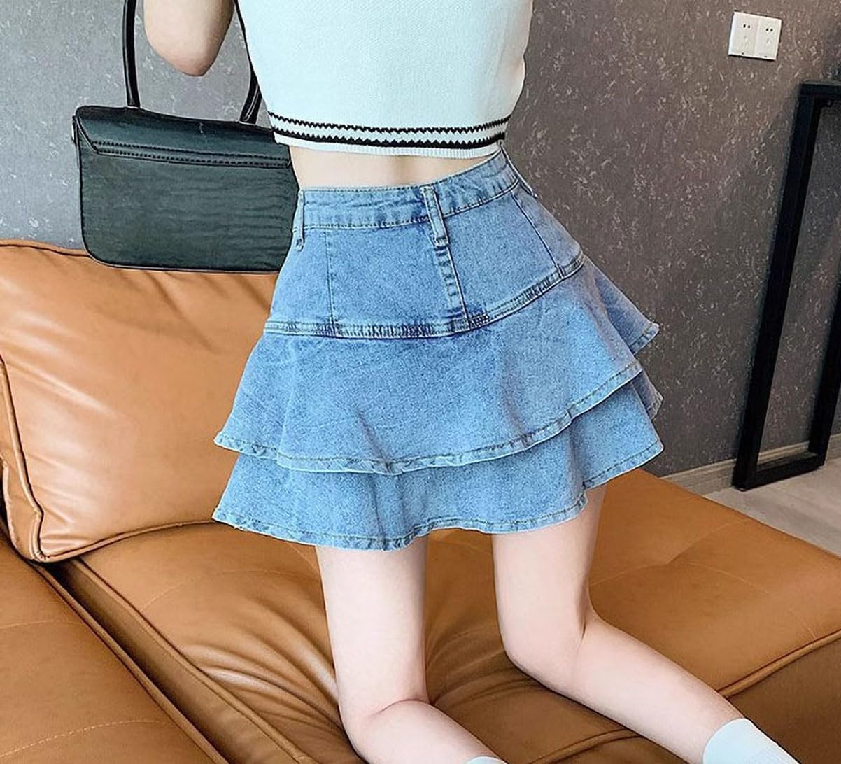 Women's Casual Denim Mini Skirt Ruffled Slim A-line Pleated Jean Short Skirt - Image 2