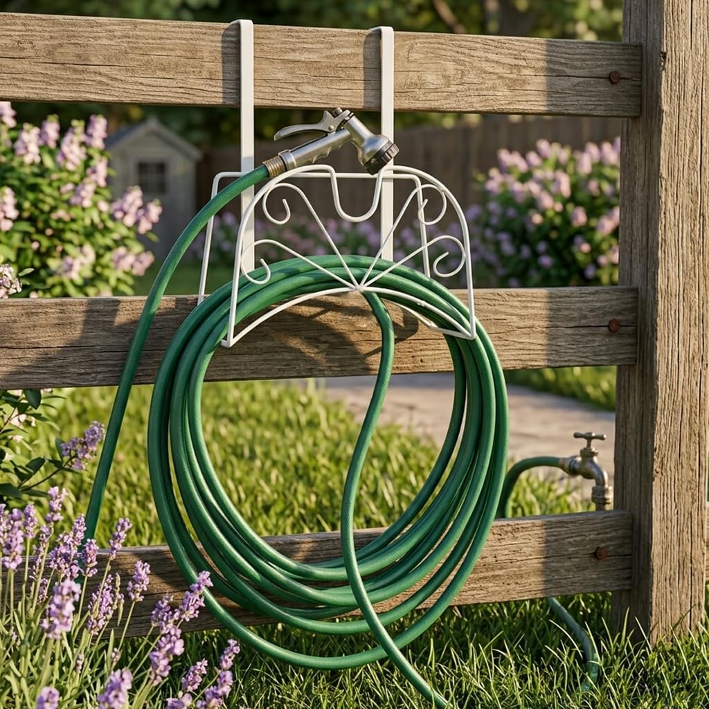 Garden Hose Holder for Outside Yard Hang Over the Door and Fence, Holds Up to 150Ft, White image 5