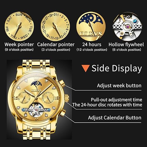 Miniatura 3 de OLEVS Relojes automáticos para hombre, impermeable, vestido de lujo, cuerda automática, esqueleto mecánico, tourbillon, fase lunar, acero