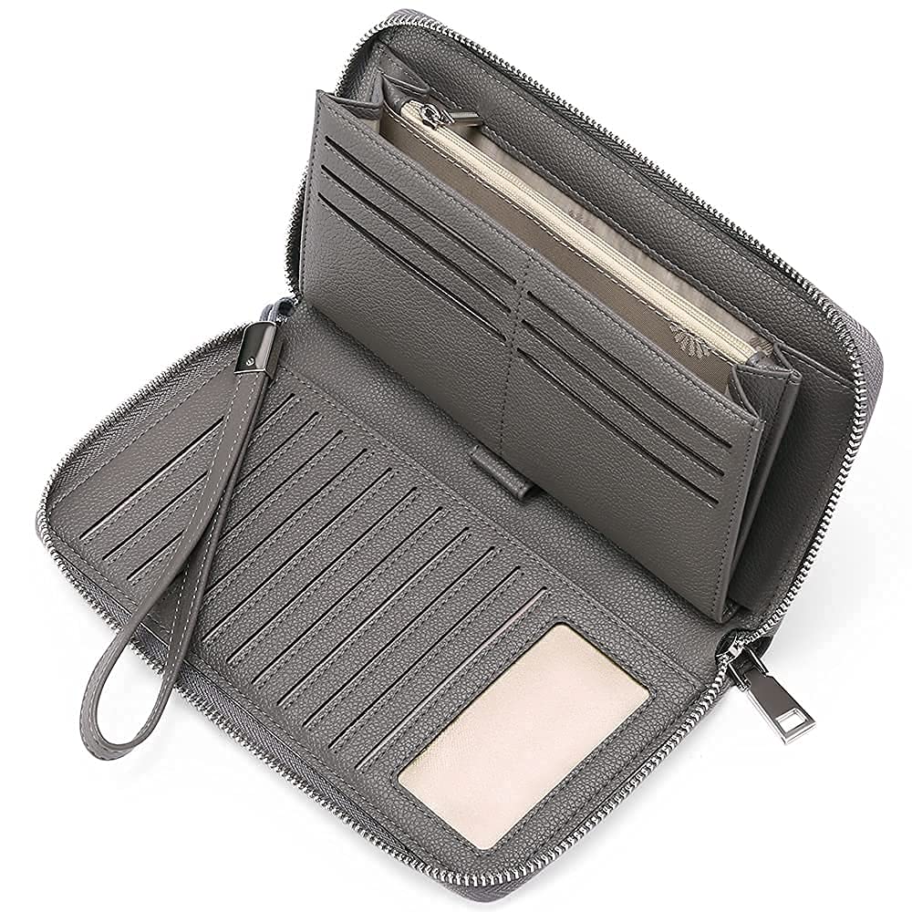 GOIACIIWomens Wallet RFID Blocking Leather Zip Around Wallet Large Capacity Long Purse Credit Card Clutch Wristlet, A04 Deep Grey, Rfid Wallet Large