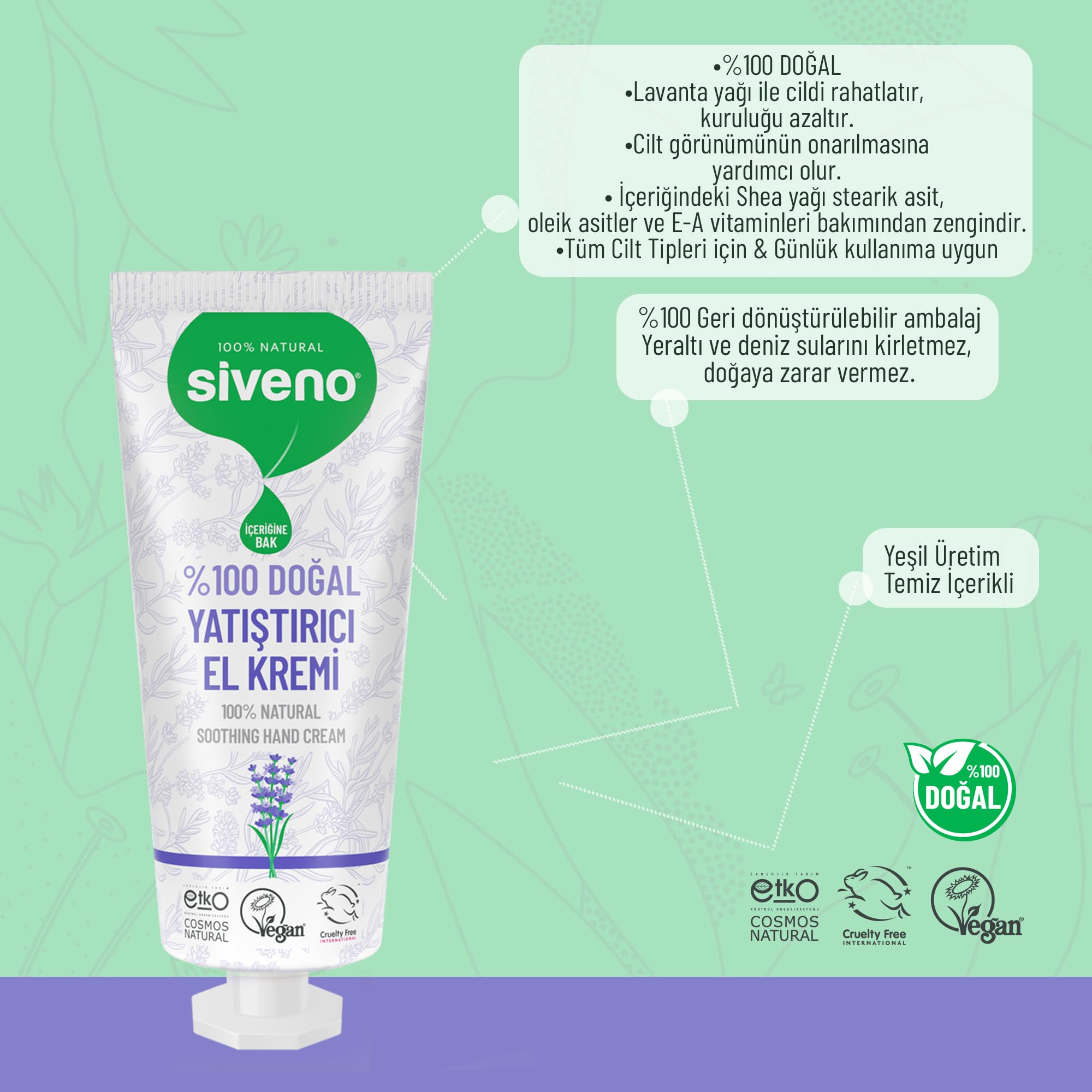Siveno%100 Doğal El ve Vücut Kremi Lavanta Cilt Yatıştırıcı Onarıcı Yoğun Nemlendirici Vegan 30 ml