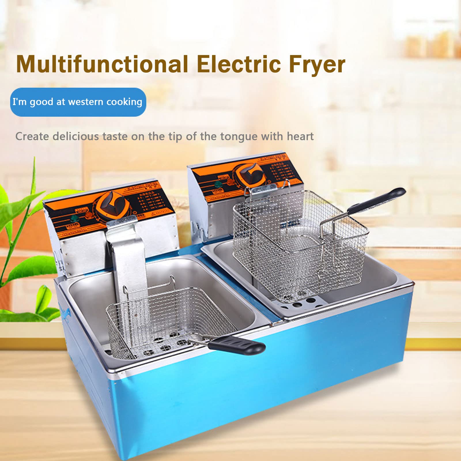 Friggitrice elettrica in acciaio inossidabile Friggitrice commerciale con cestello e coperchio, 5,5 litri 11 litri Facile da pulire, Friggitrici elettriche da banco, Friggitrice ad aria (Color : Doub