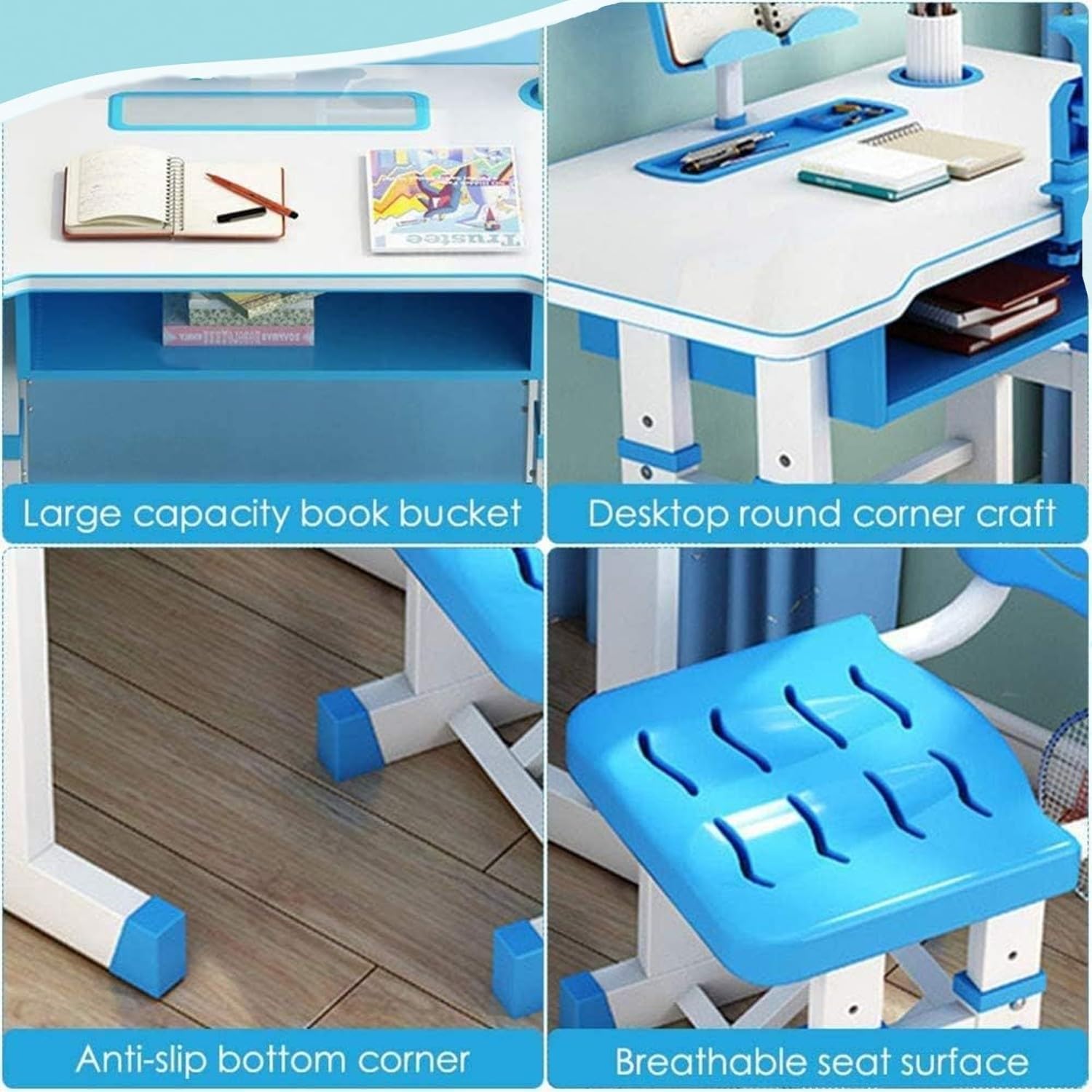 Metreno Height Adjustable Kids Study Table with Chair Set 3to12 Years Drawing Learning Reading Children Study Desk with Book Holder and Storage Kids Functional Desk and Chair - Image 6 thumbnail