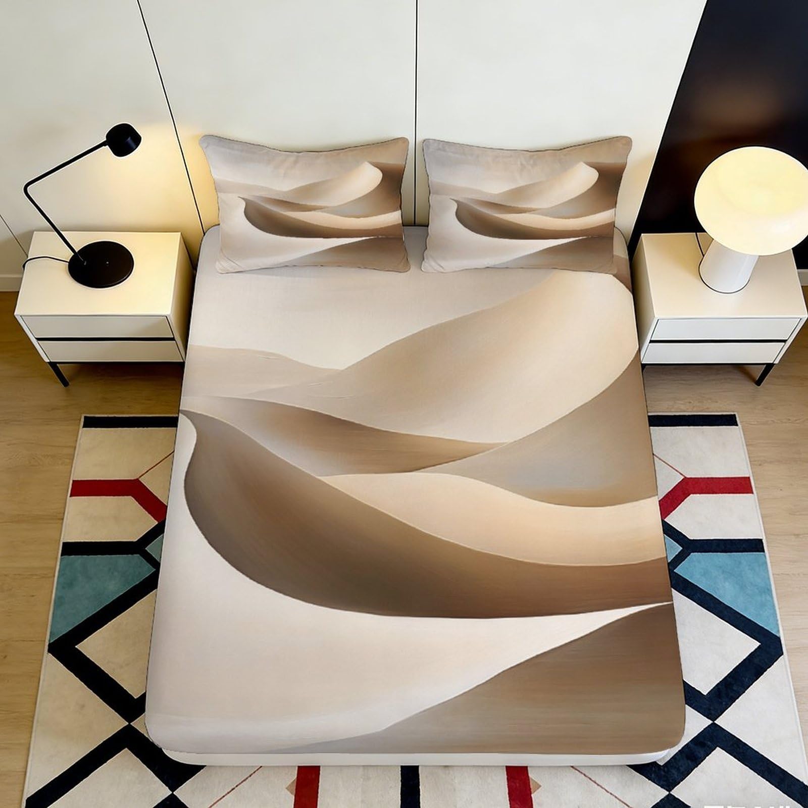 3D Printed Beige Abstract Fitted Sheet Microfiber Soft Sand Wave Bed Cover, Bedroom Dorm Mattress Protector Decor 90x200x25cm