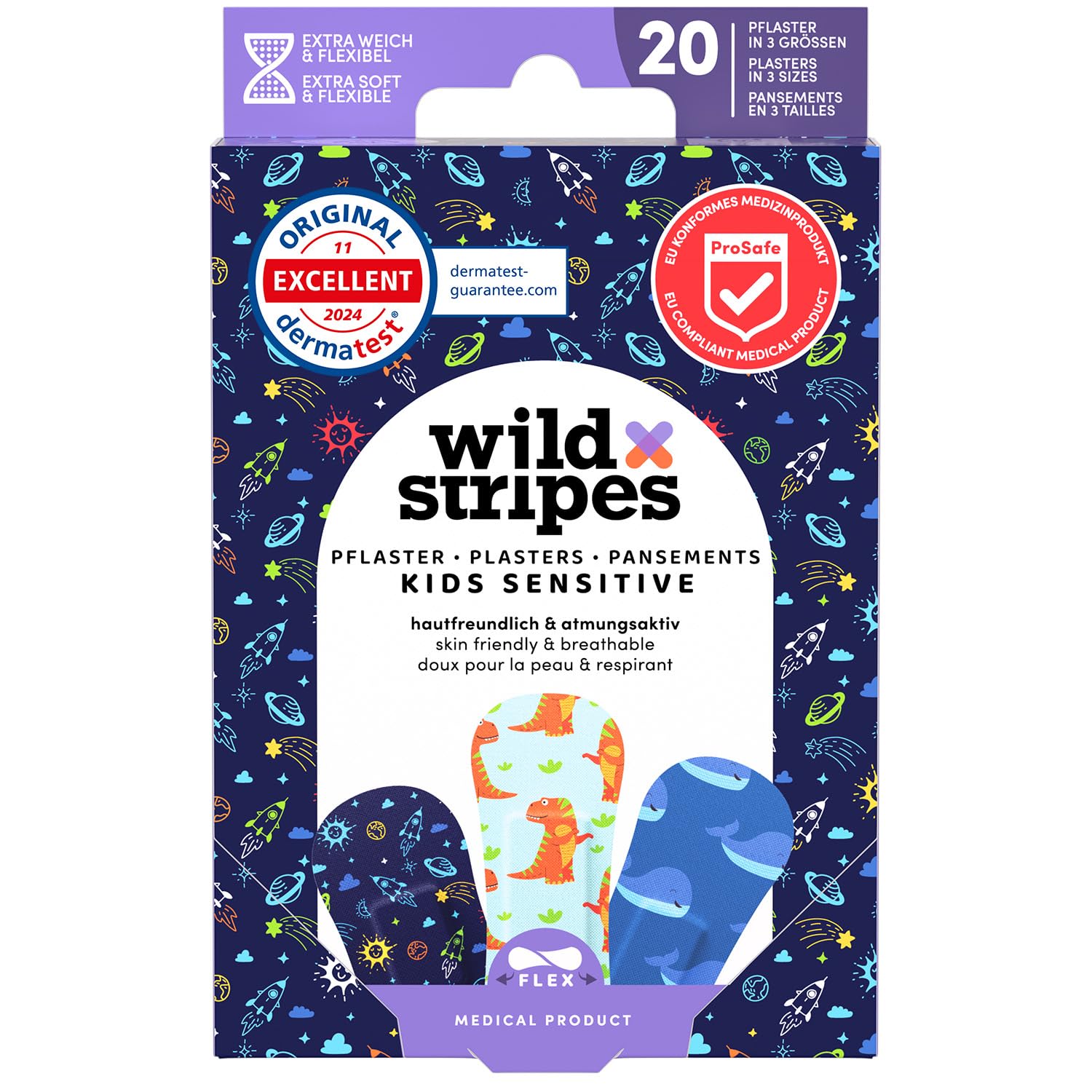 Wild Stripes Tiritas para niños I Tiritas para dedos I Kids Space I Tiritas niños suaves para la piel I Apósitos resistentes al agua I Protección para heridas 24 horas I Diseños espaciales I 20 piezas