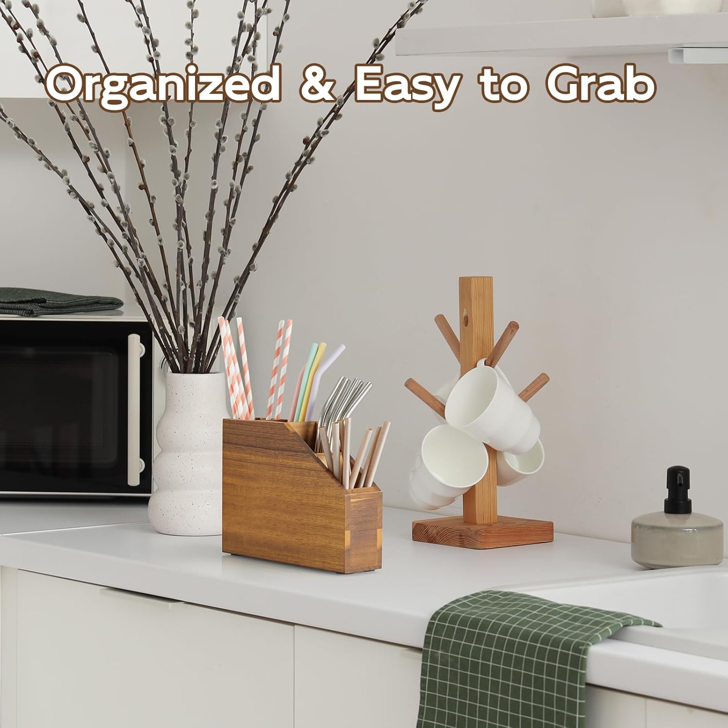 Straw Holder, Acacia Wood Straws Organizer, Cupboard Reusable Straws Dispenser for Kitchen Counter - Image 5