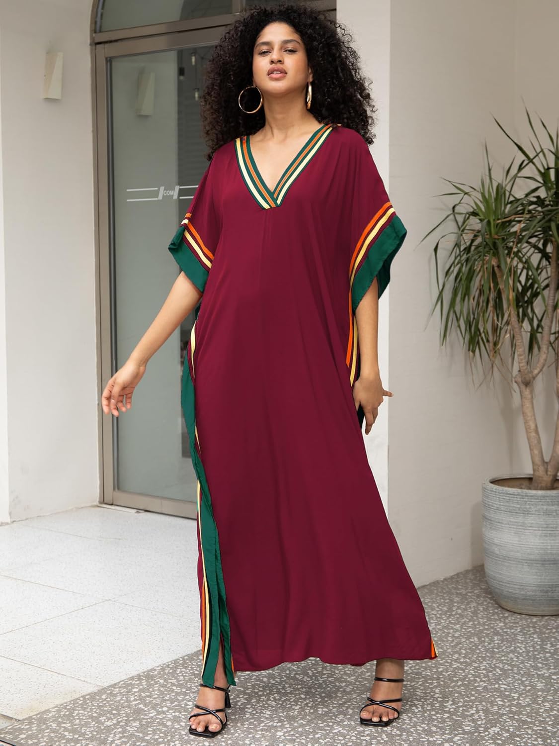 Kaftan Dresses for Women V-Neck Print Swimsuit Cover Up Plus Size Beach Caftan Lounge Dress - Image 2