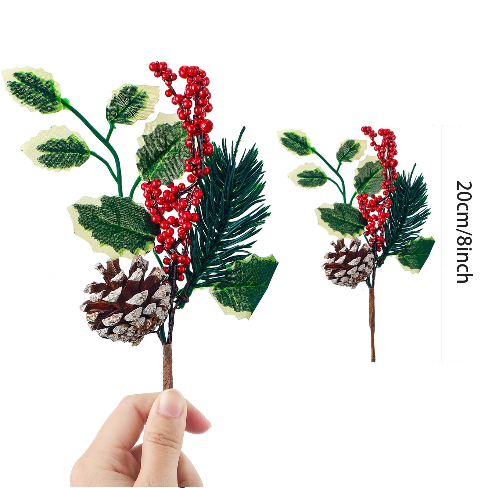 WILLBOND Picchetti di bacche rosse artificiali di Natale, rami di bacche di pino, agrifoglio, pino innevato, pigne finte per Natale, artigianato, feste, decorazioni per la casa, 20,3 cm, steli
