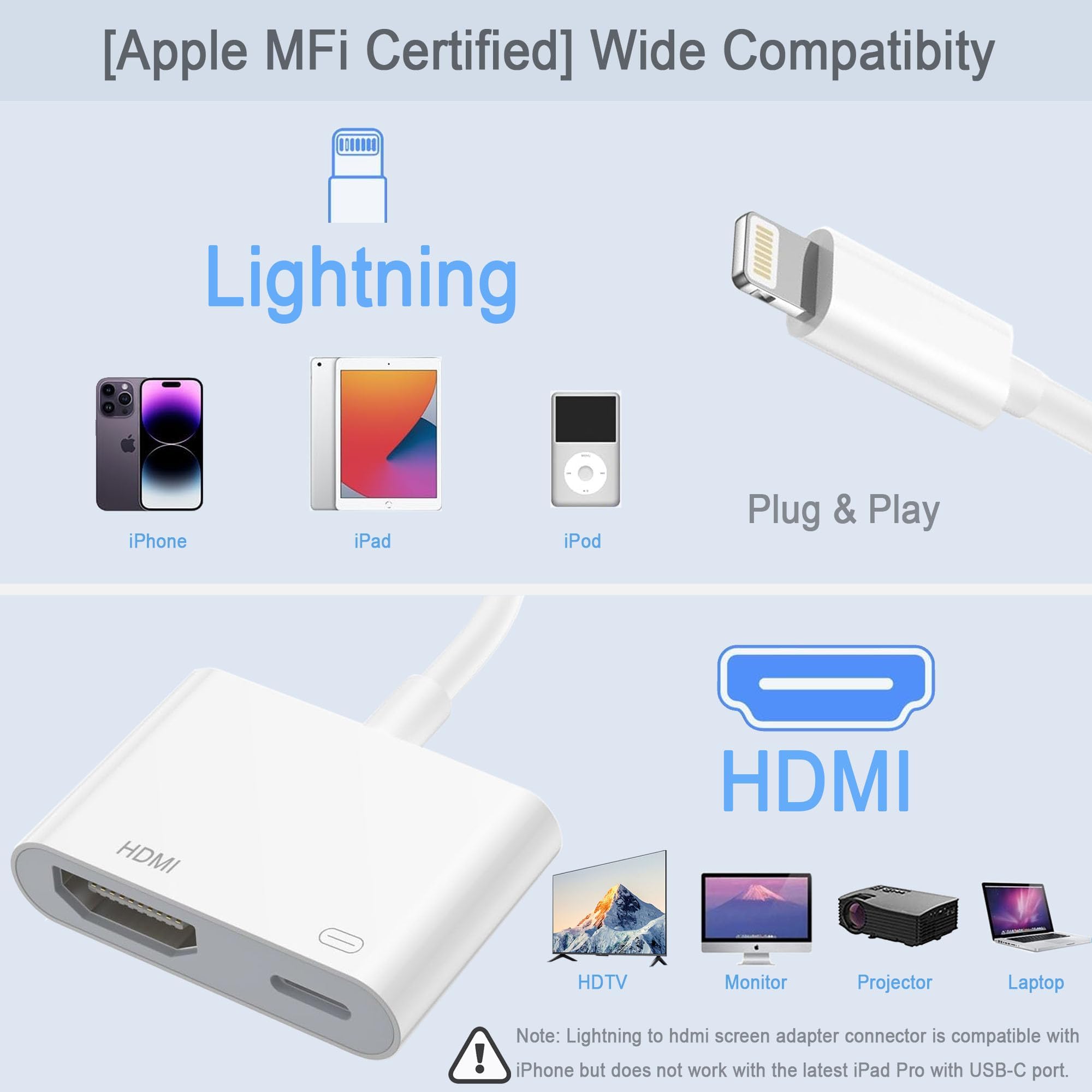 Adattatore HDMI per iPhone [Certificato Apple MFi] - AV Digitale 1080P Sync Schermo Cavo Connector per TV/HDTV/Monitor - Compatibile con iPhone 14/12/11/XS/8/7 e Tutti gli iOS iPad
