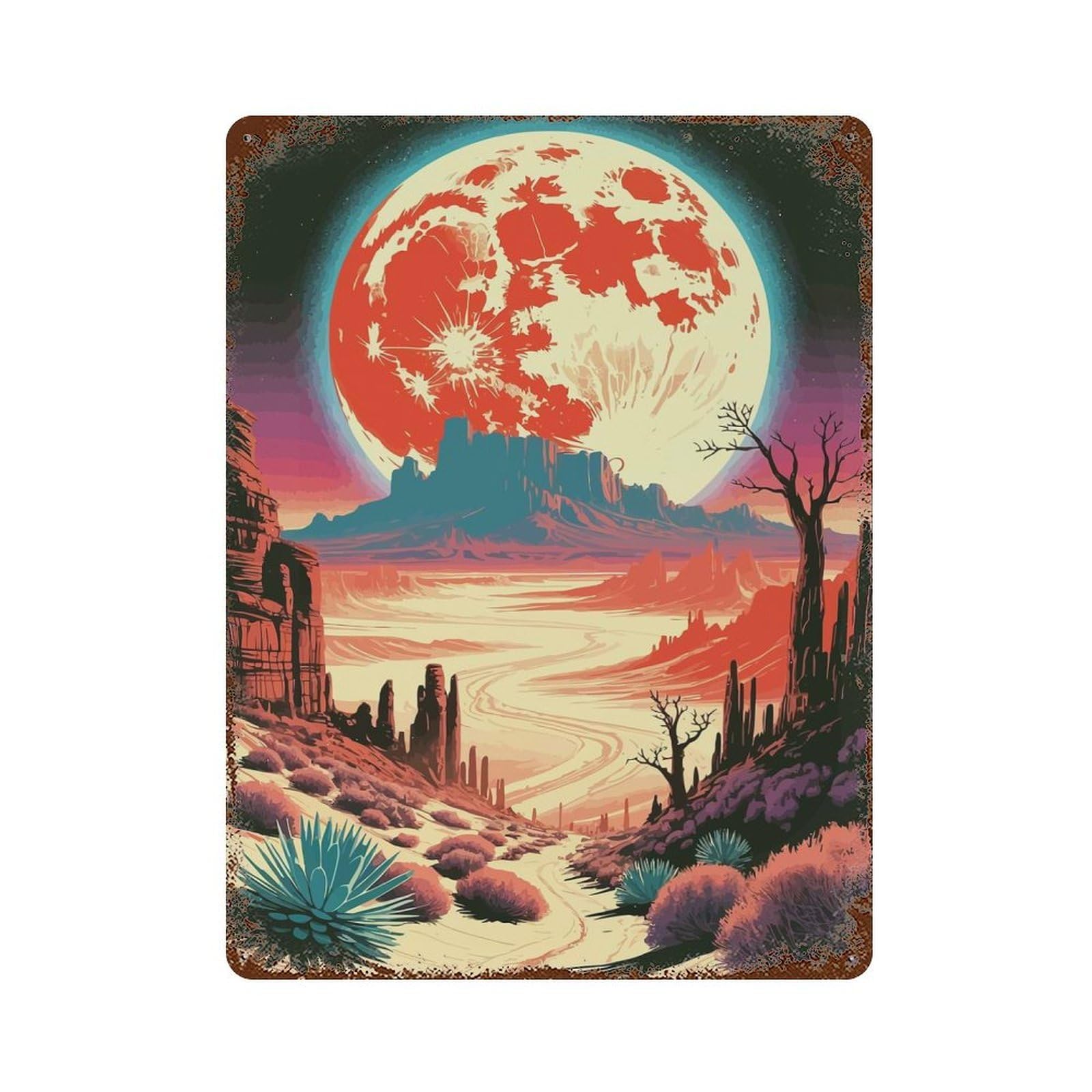 Desert Landscape with Red Moon Rust Effect Tin Sign 15.7"x11.8", Ideal for Garage, Bar And Workshop Decor