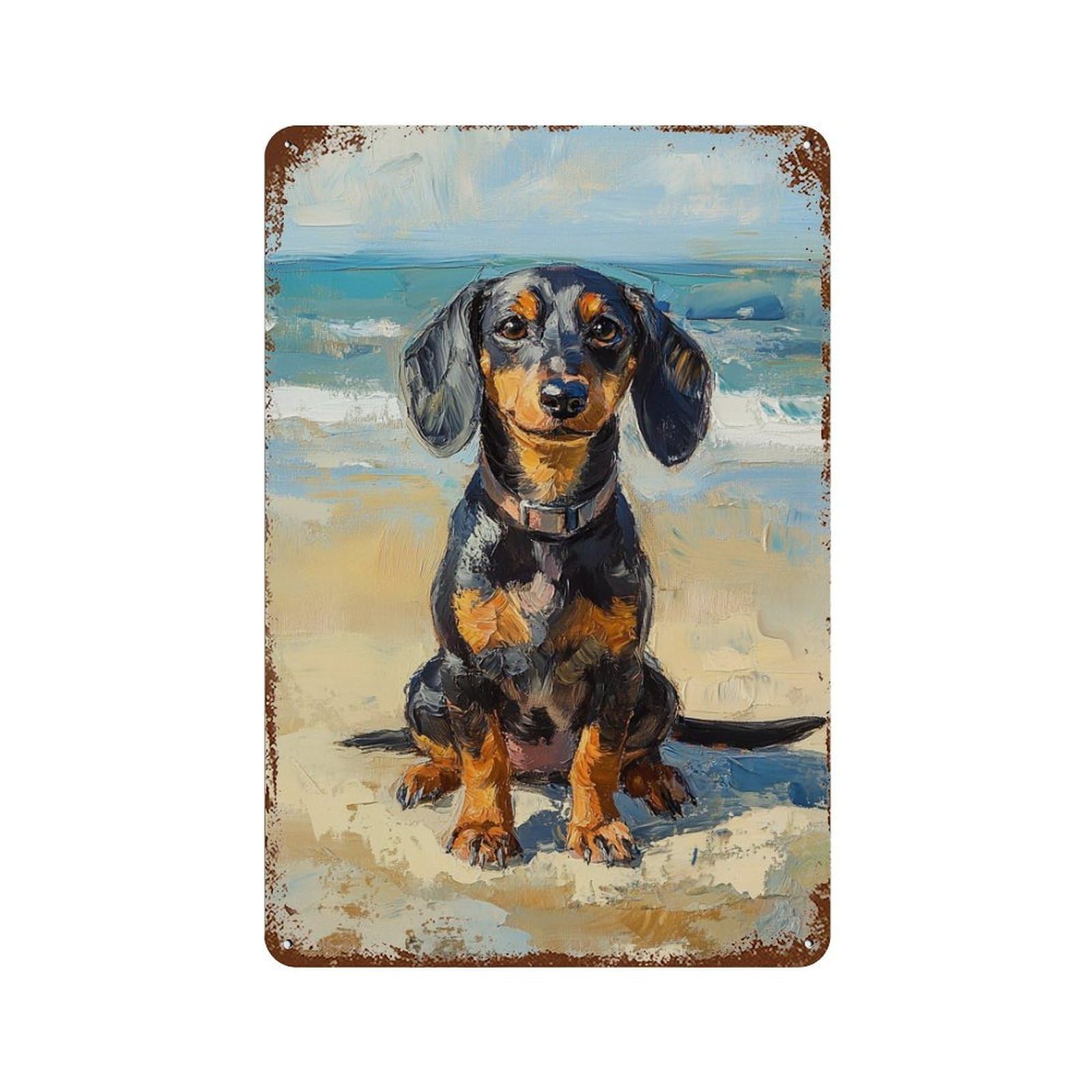 Beach Dachshund Painting Rustic Tin Plaque 11.8"x7.9", Ideal for Patio, Garden Room And Bar Decor