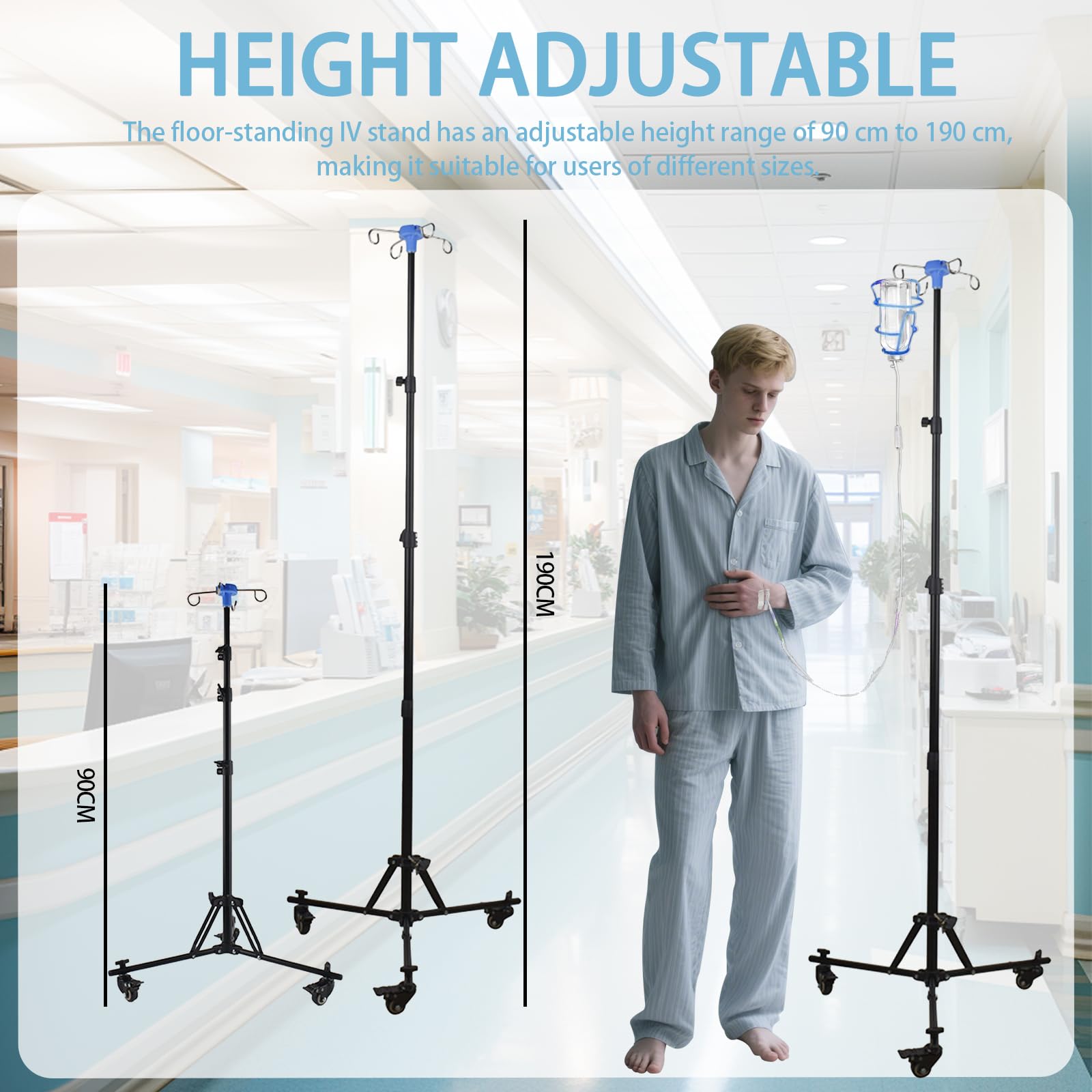Soporte para Infusión con Ruedas, Plegable Postes IV con 4 Ganchos, Altura Ajustable, Soporte Intravenoso Portátil Para Hospital y Cuidado del Hogar
