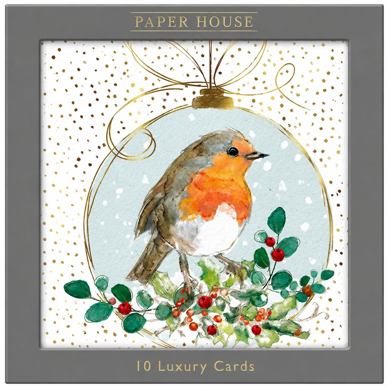 Box of 10 Robin Christmas Cards | Luxury Festive Greeting Cards with Winter Bauble Design- Paper House Xmas Card Pack