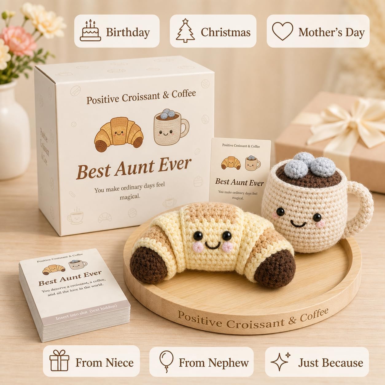 Best Aunt Ever Crochet Croissant & Coffee Set, Cute Desk Decor with 30 Encouragement Cards, Birthday Gift from Niece Nephew for Coffee Lover