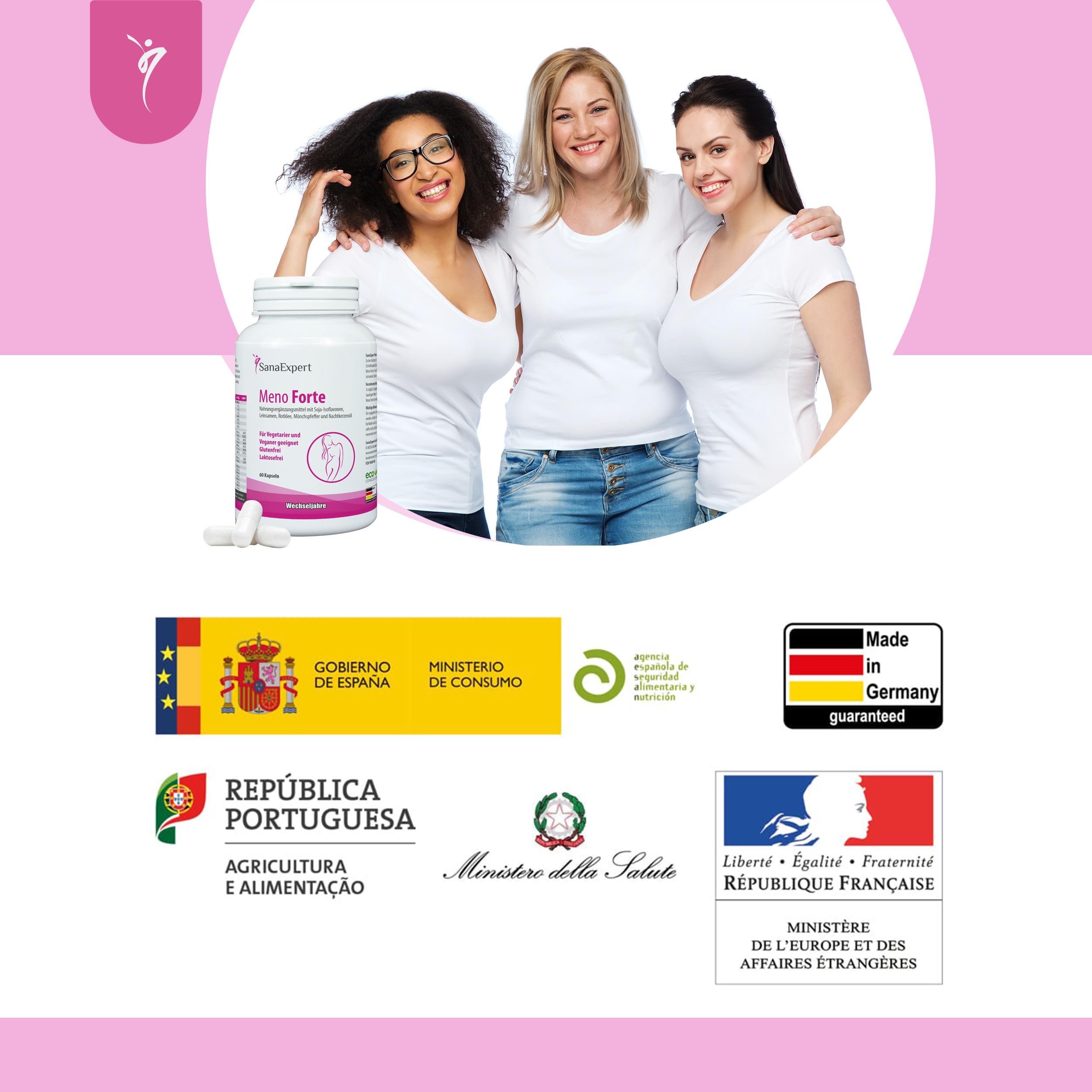 SanaExpert Meno Forte - Integratore Naturale per Alleviare i Sintomi della Menopausa - Con Isoflavoni di Soia, Calcio, Selenio e Vitamine - 60 Capsule - Prodotto in Germania