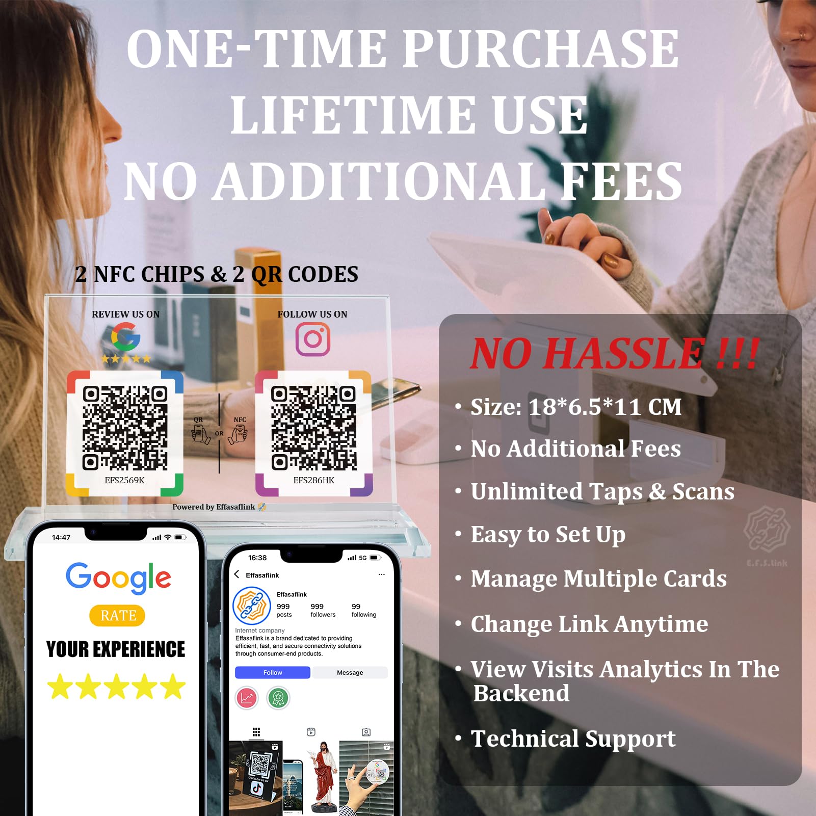 Crystal Display Stand with Dual QR & NFC Sign - Compatible with Google & Facebook, Easy and Fast Access to Social Media Page for Customers - Perfect for Promoting Social Media Following