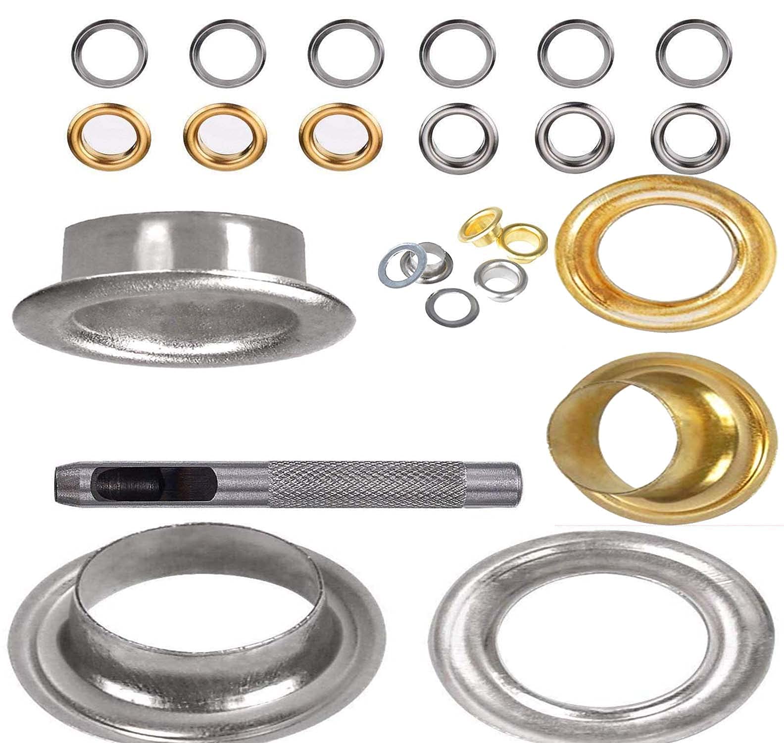 DIY Crafts 100 Pcs, Gold Mix Sizes, Grommets Nickel Eyelet, Silver/Golden ((100 Pcs, Gold Mix Sizes)-image-7