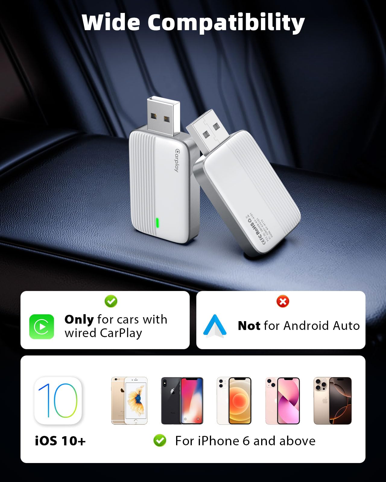 Wireless CarPlay Adapter Compatible Apple iPhone,Wired to Wireless,WhtSlr | Mini Car Play Adapter, Compatible with iOS 10+ & Cars with CarPlay, Fast Response Stable Control No Delay, Not for Android