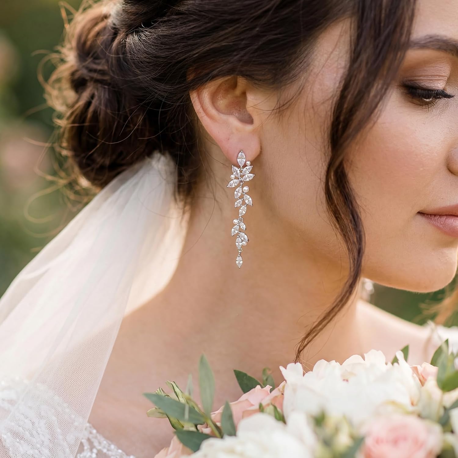 SWEETV Marquise Cubic Zirconia Dangle Earrings for Women, Crystal Wedding Bridal Drop Earrings for Brides Bridesmaids, 18K Silver/Gold Plated Chandelier Earrings for Anniversary Prom Jewelry Gift