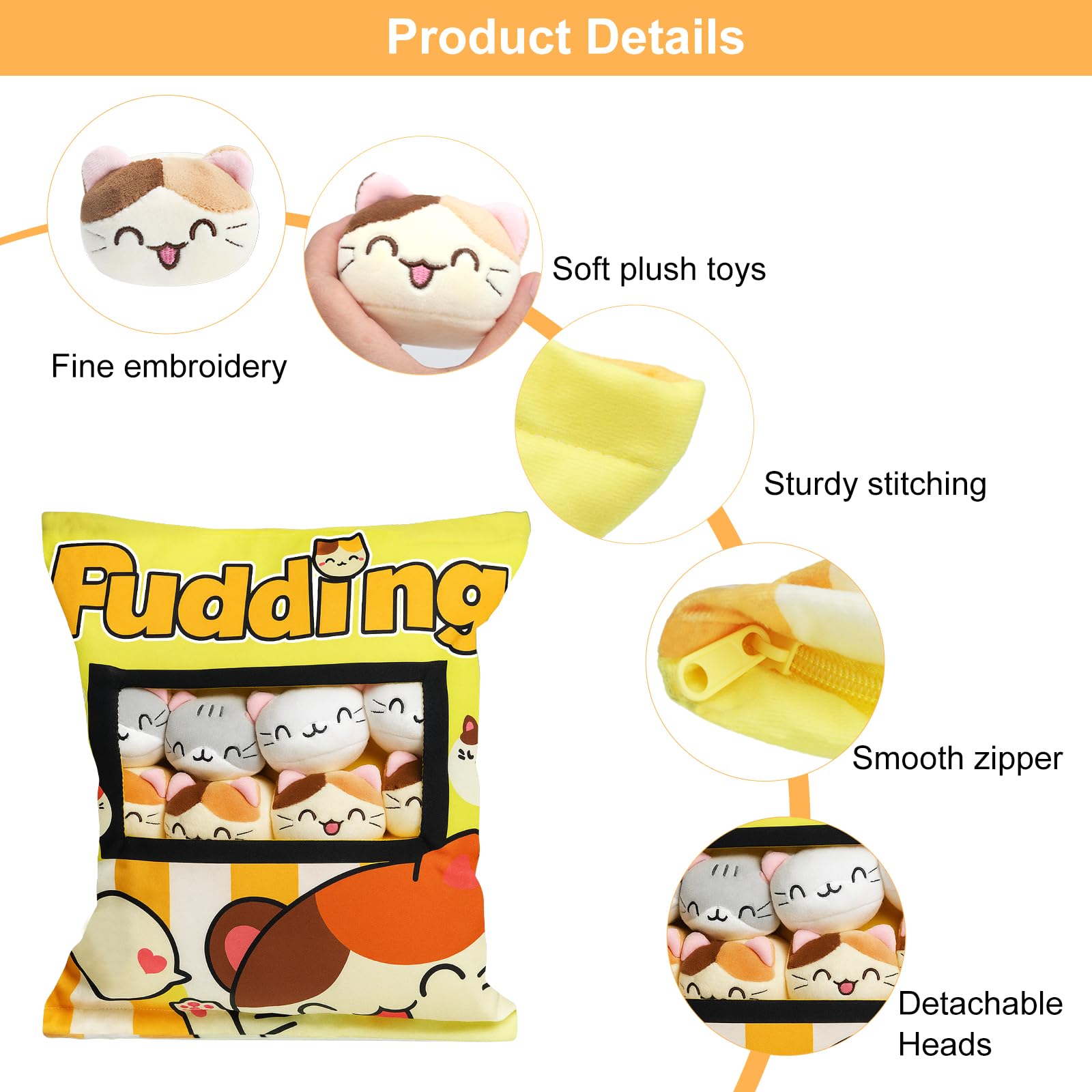 Oreiller Collation Pudding Chat Mignon - Peluche Kawaii Avec 8 Mini Figurines Amovibles
